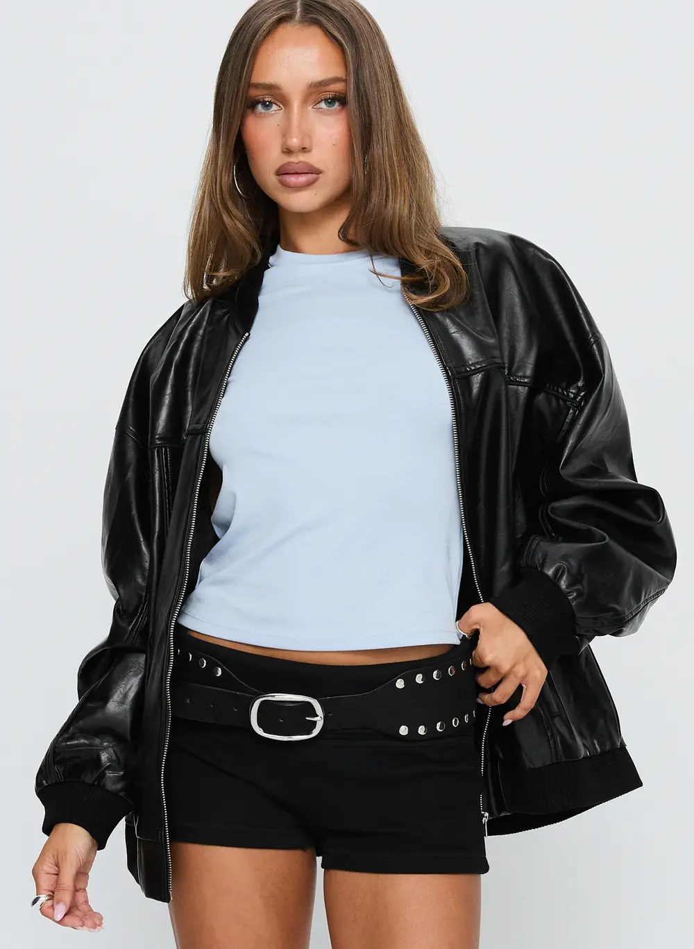 Believe It Faux Leather Bomber Jacket Black