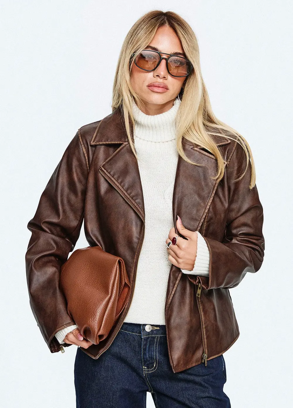 Vyolette Faux Leather Collared Jacket Washed Brown