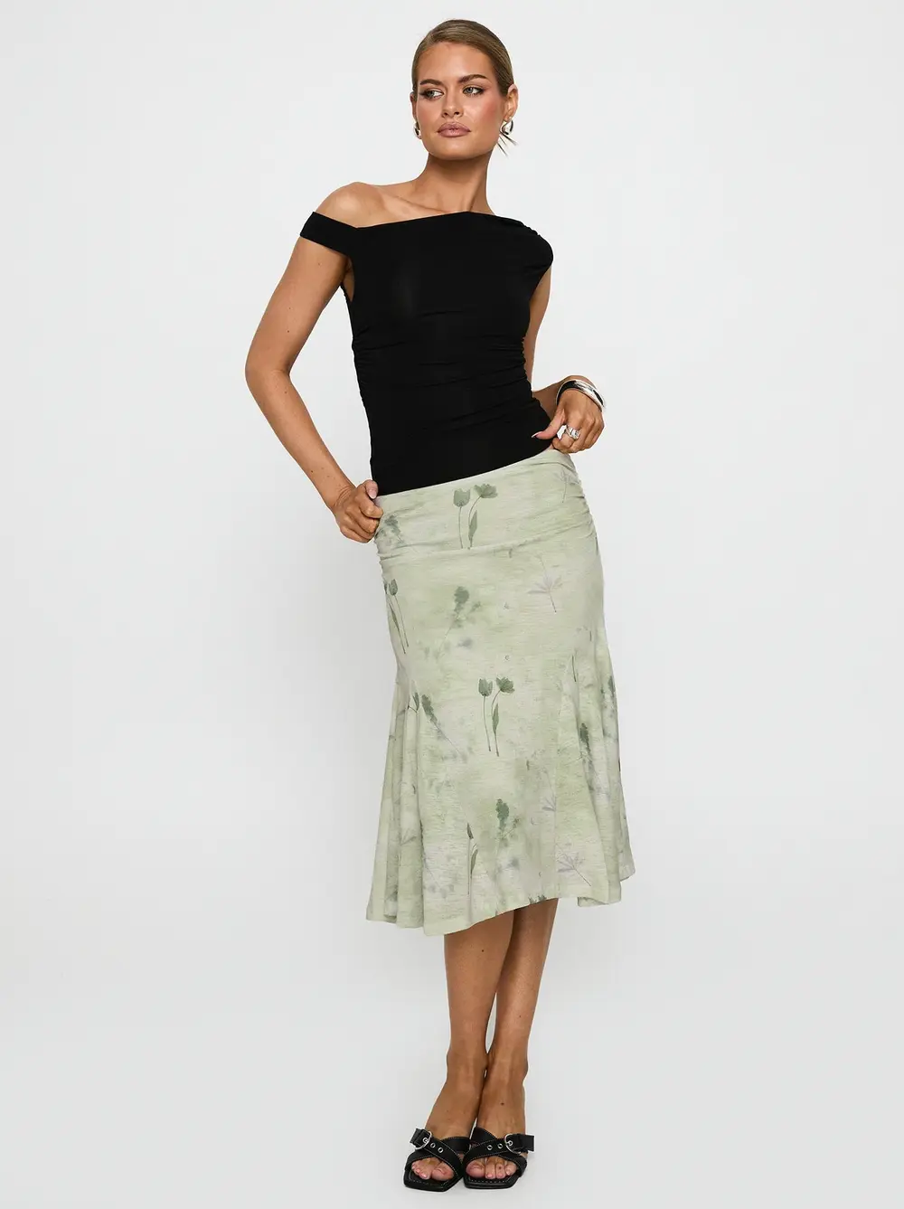 Lewish Low Rise Midi Skirt Green Floral