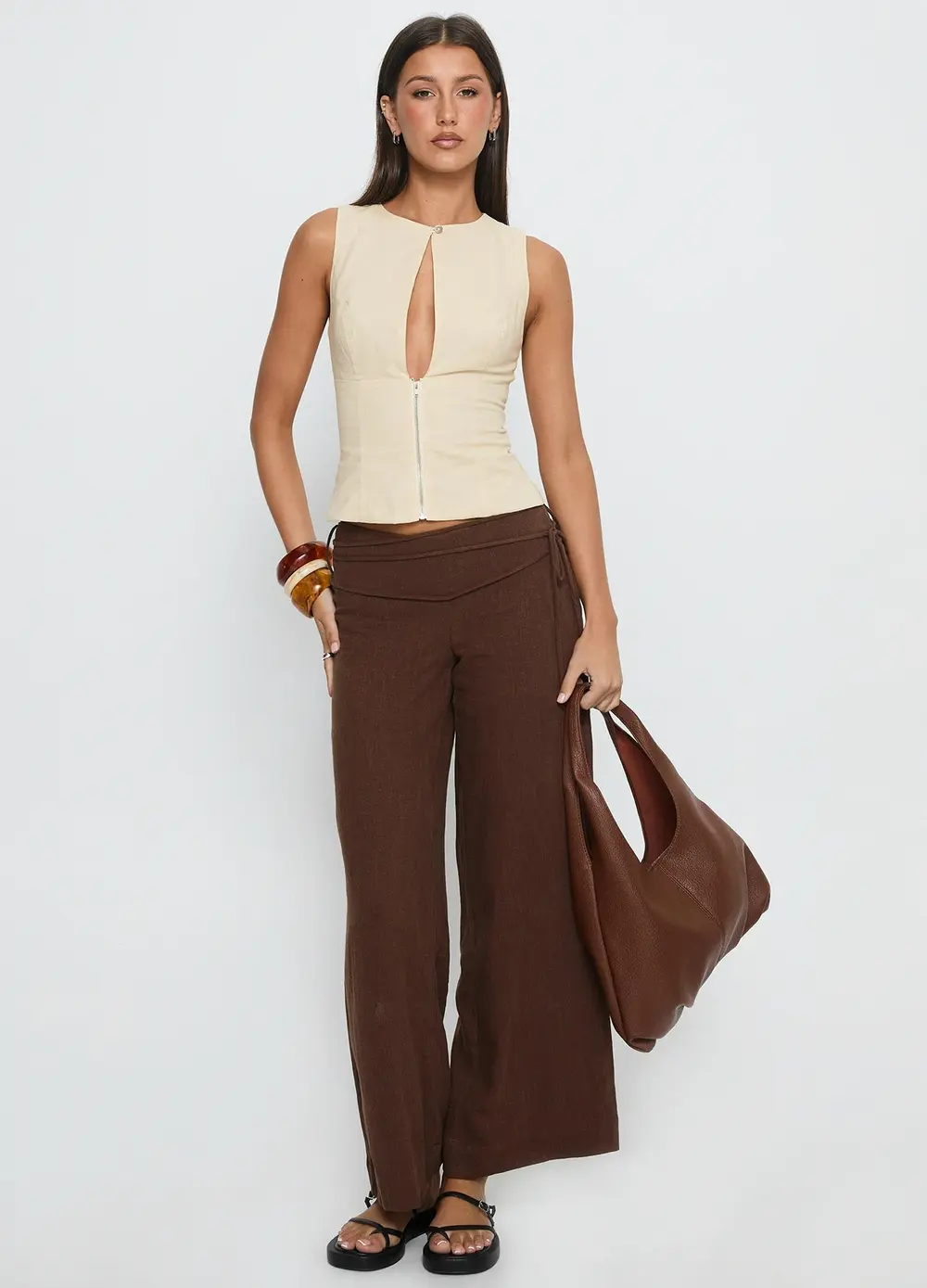 Silver Moon Linen Blend Tie Pants Brown