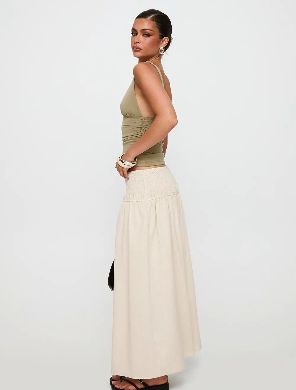Small Towns Shirred Midi Skirt Beige