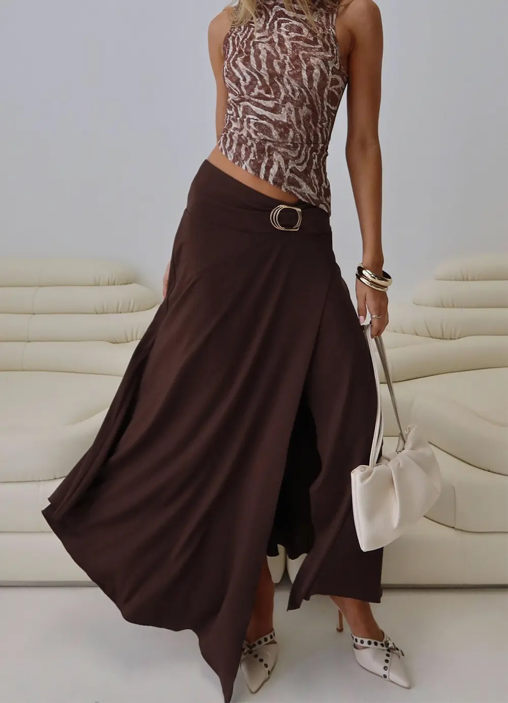 Nola Hardware Slit Maxi Skirt Brown
