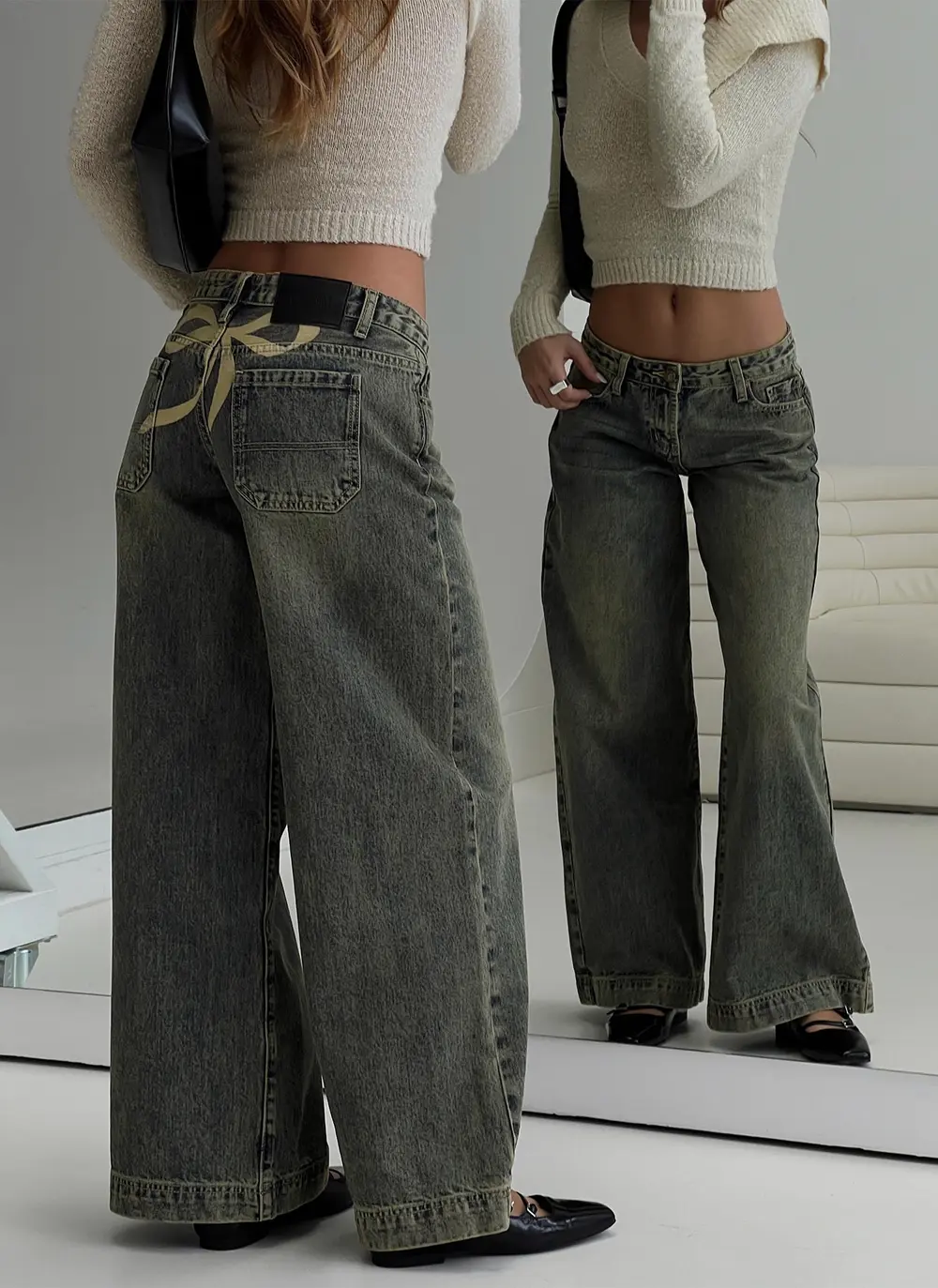 Ribbon Stamp Low Rise Wide Leg Jeans Antique Wash