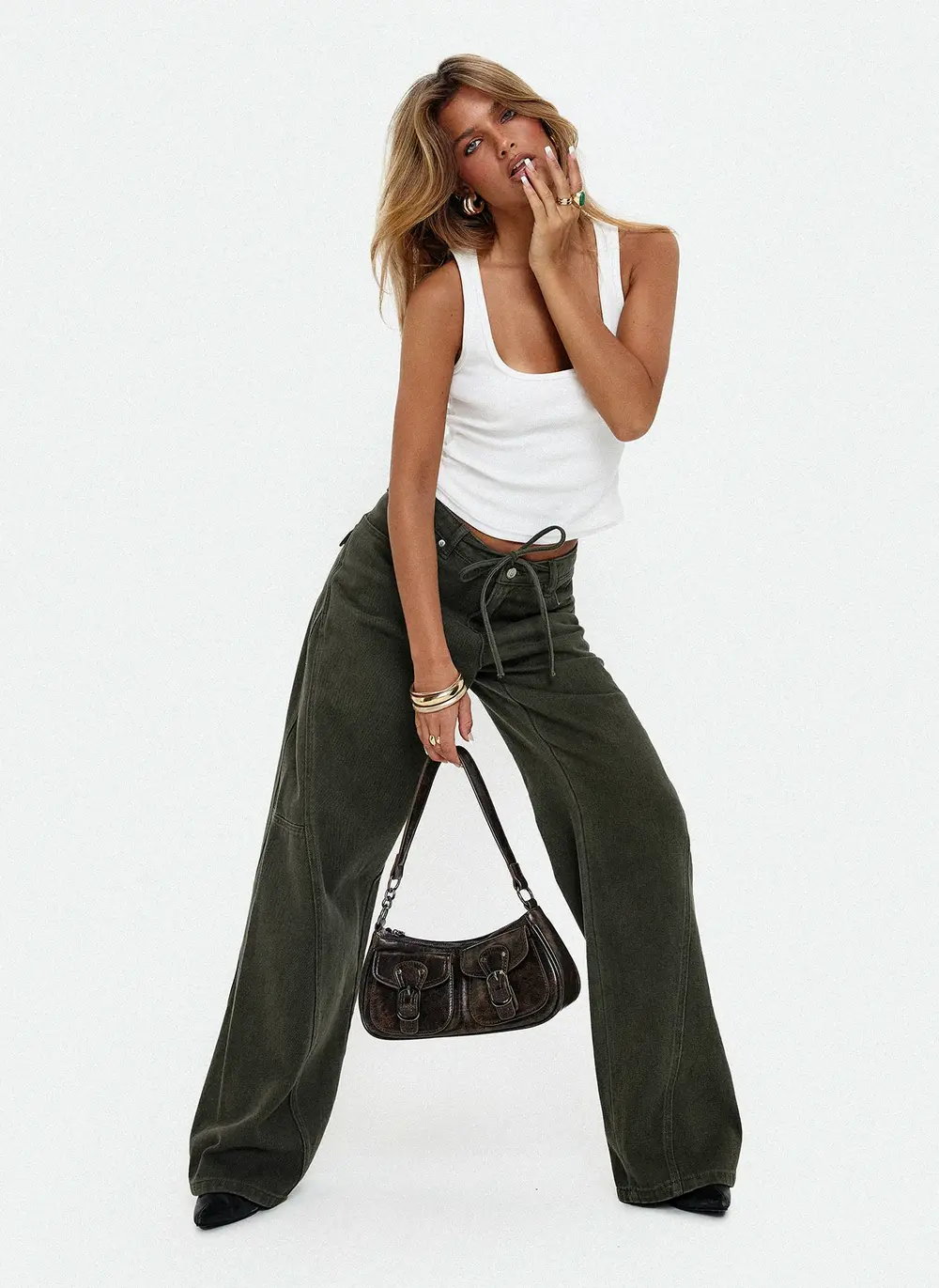 Bruiser Tie Waist Mid Rise Wide Leg Jeans Green