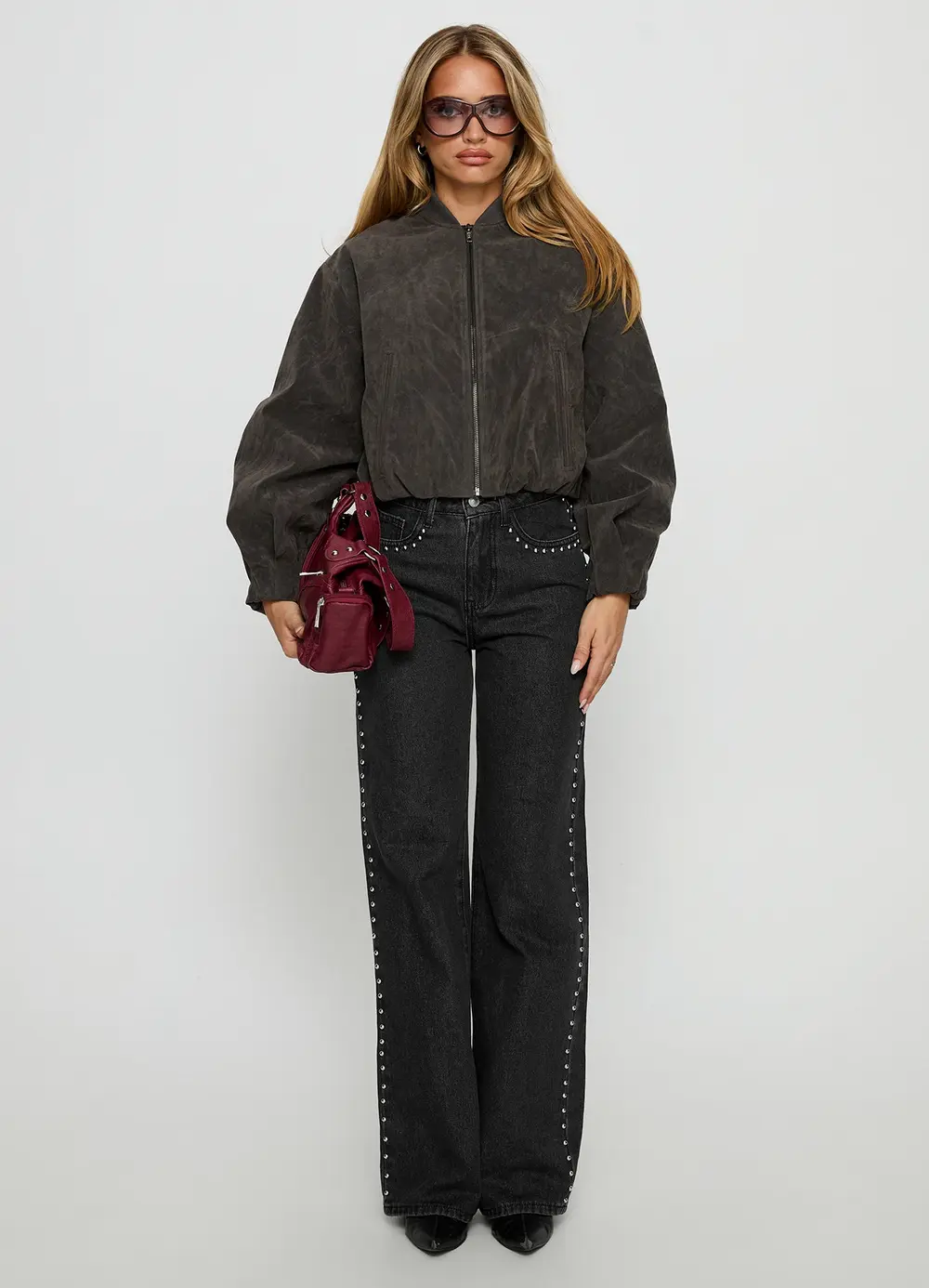 Saving Up Mid Rise Straight Leg Studded Jeans Jet Black