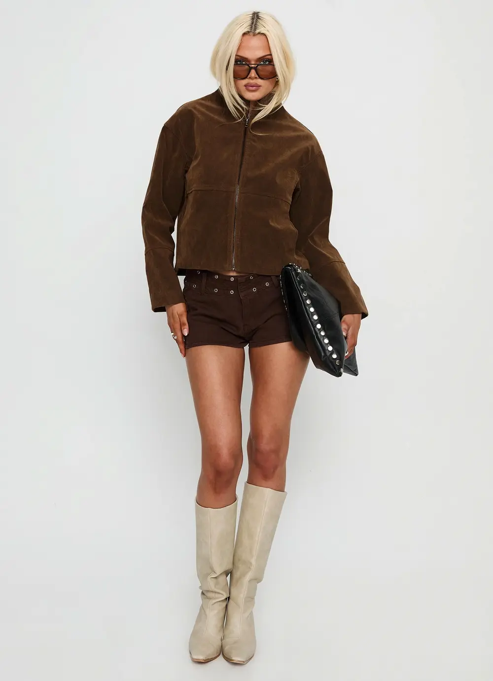 Jessalynn Faux Suede Zip Through Jacket Brown