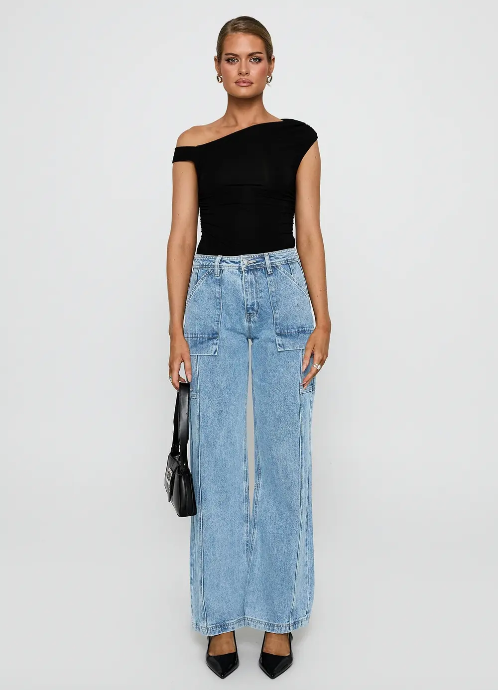 Chad Cargo High Rise Wide Leg Jeans Mid Wash
