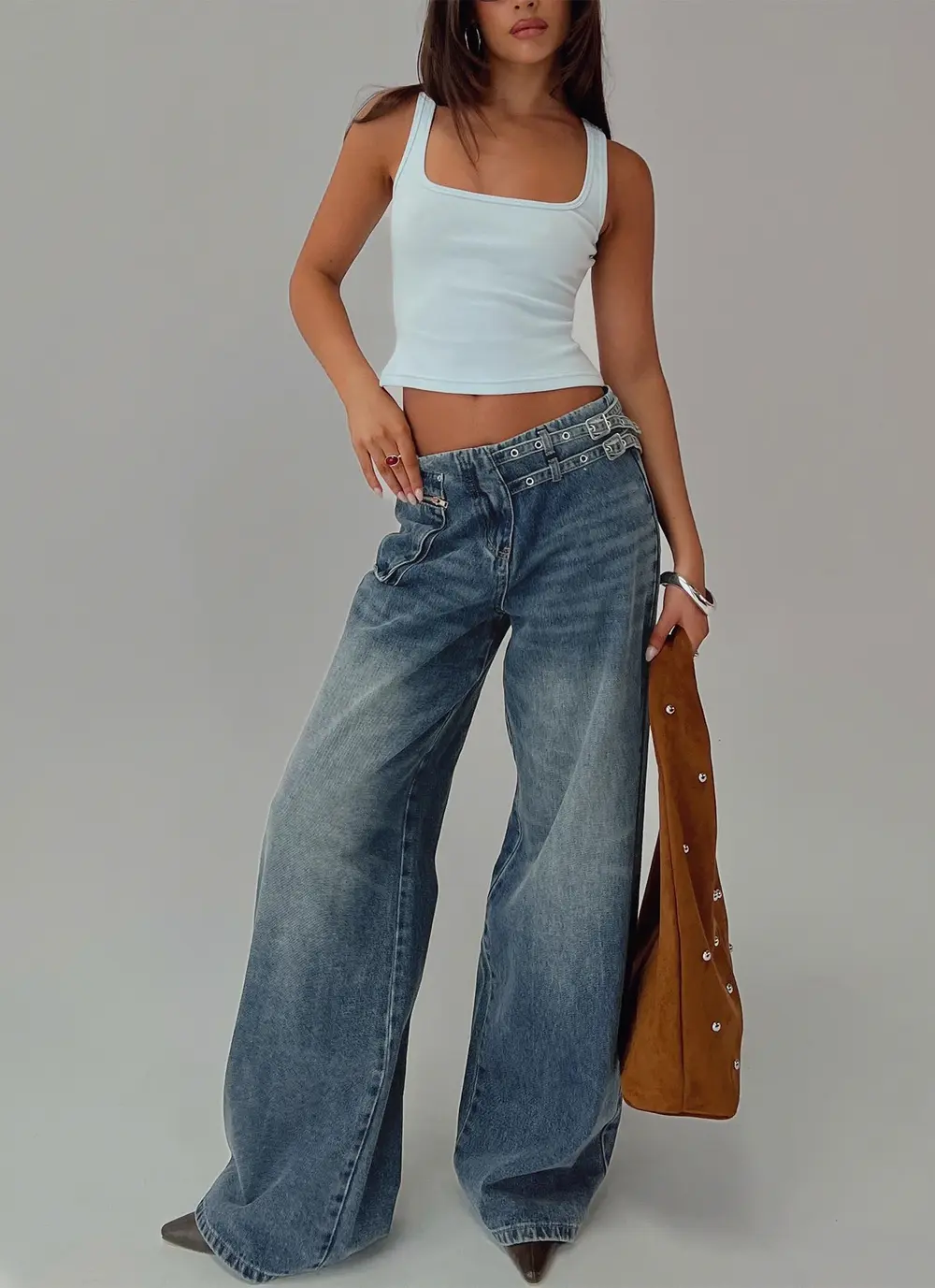 Paltrow Mid Rise Wide Leg Cargo Jeans Mid Blue Wash