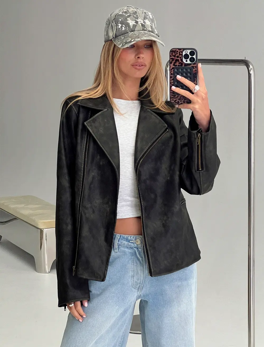 Vyolette Faux Leather Collared Jacket Washed Black