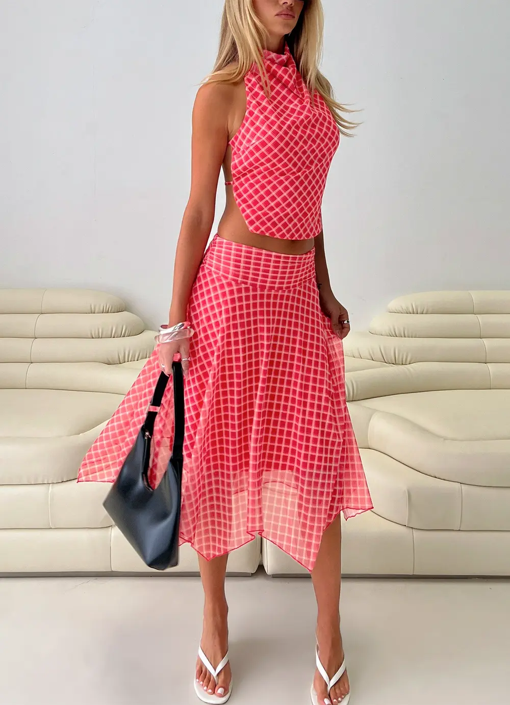 Scenic Route Asymmetrical Midi Skirt Red Check