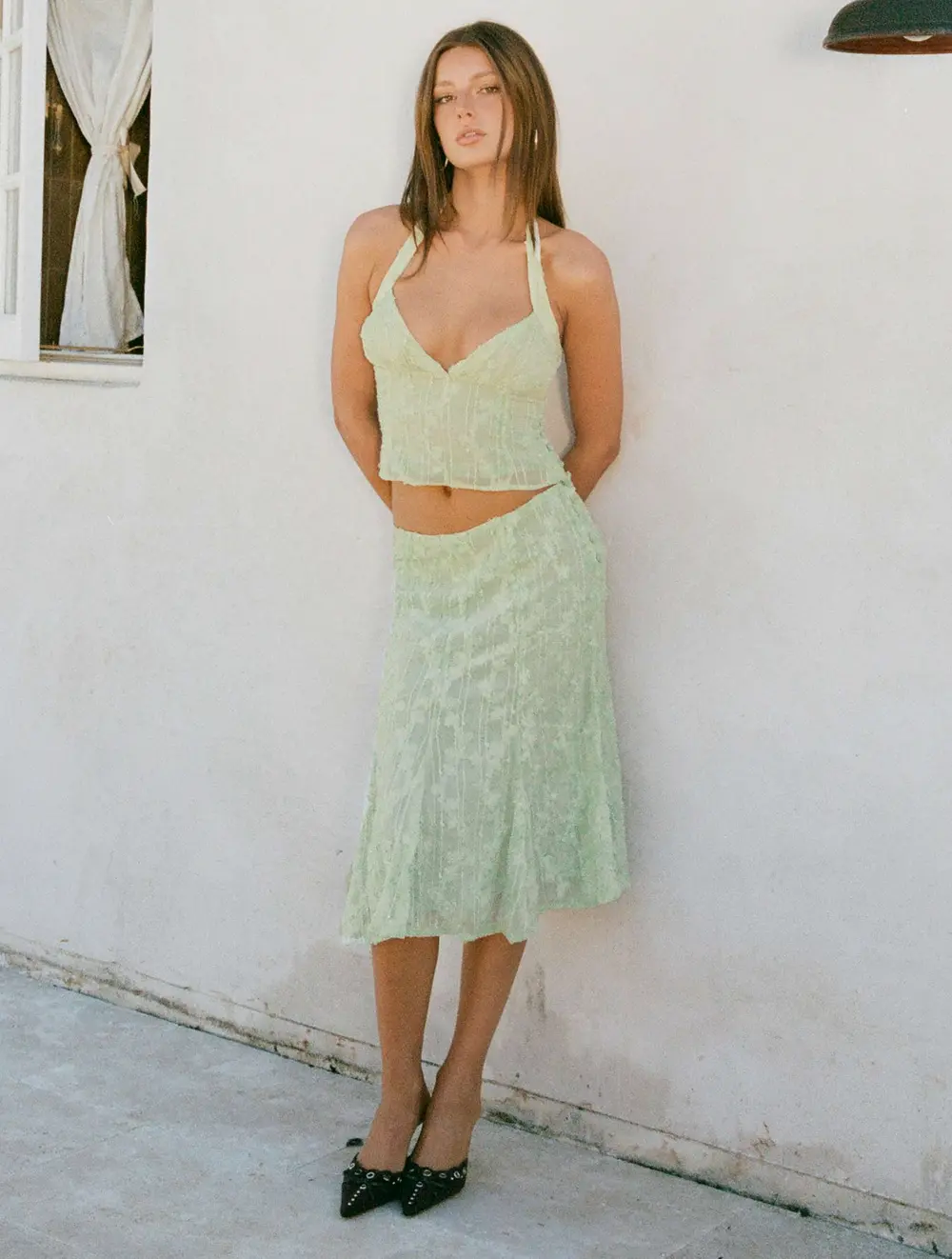 Aspyn Embroidered Midi Skirt Sage Green