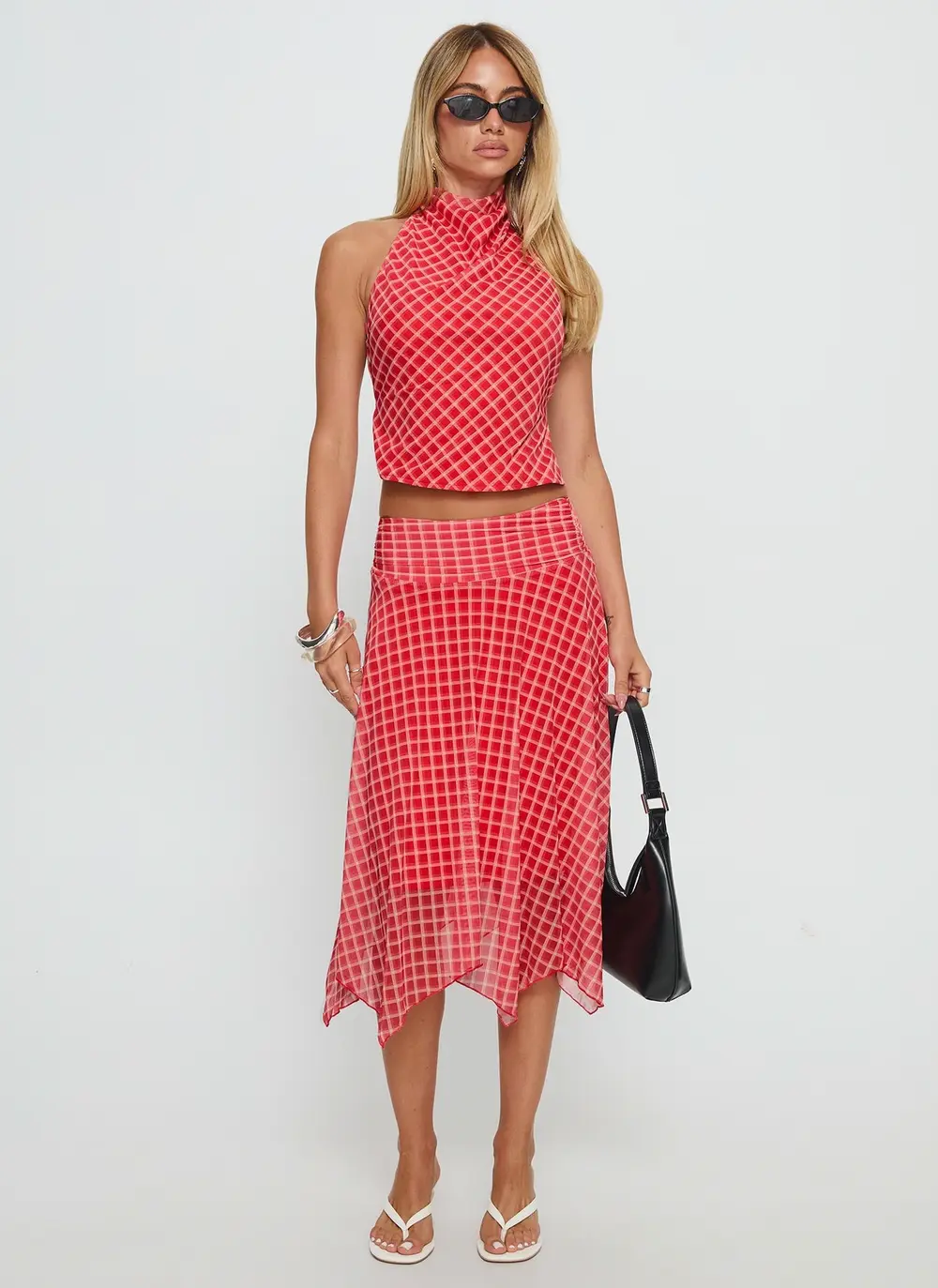 Scenic Route Asymmetrical Midi Skirt Red Check