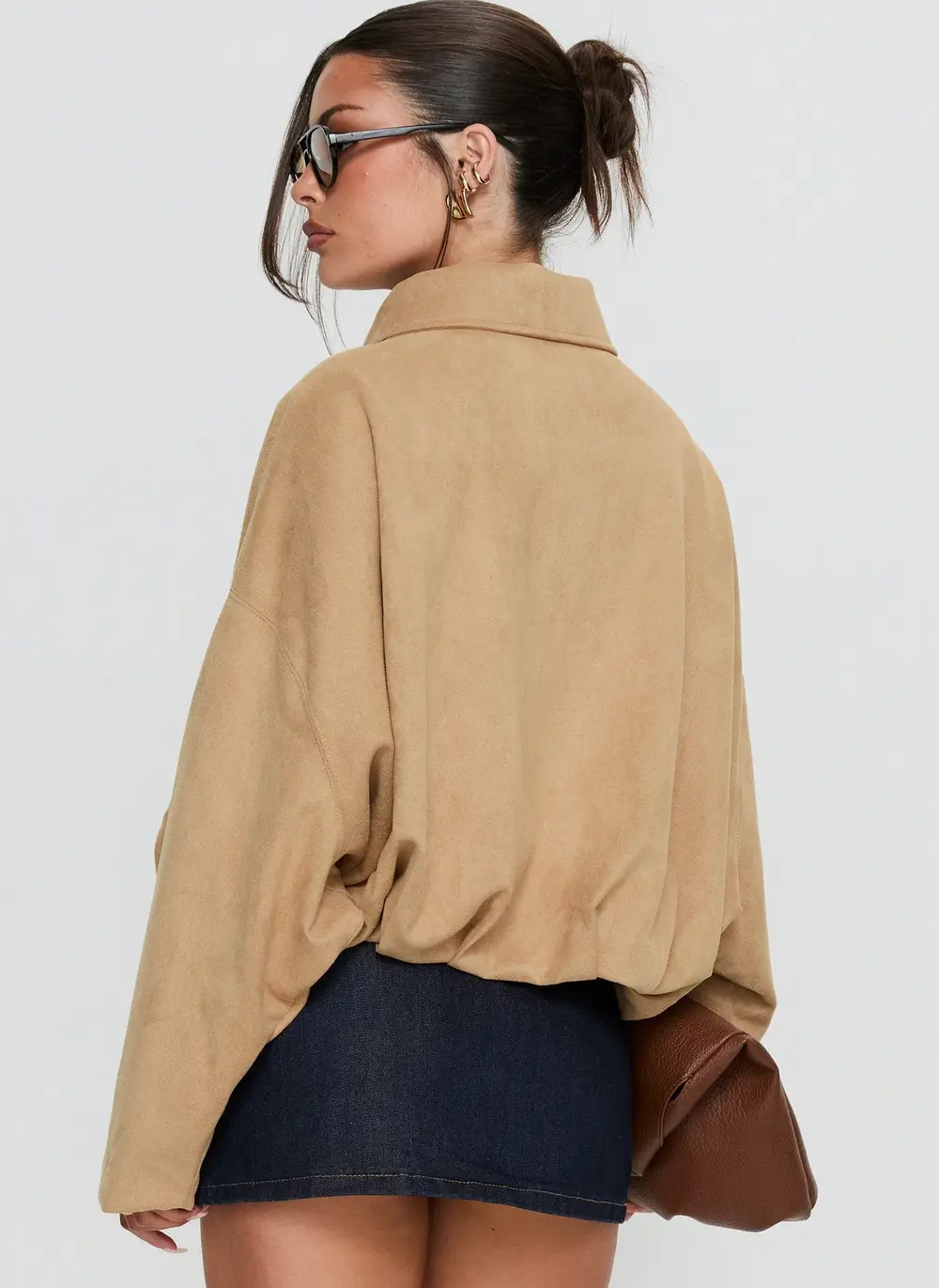 Enlightened Faux Suede Bomber Jacket Beige