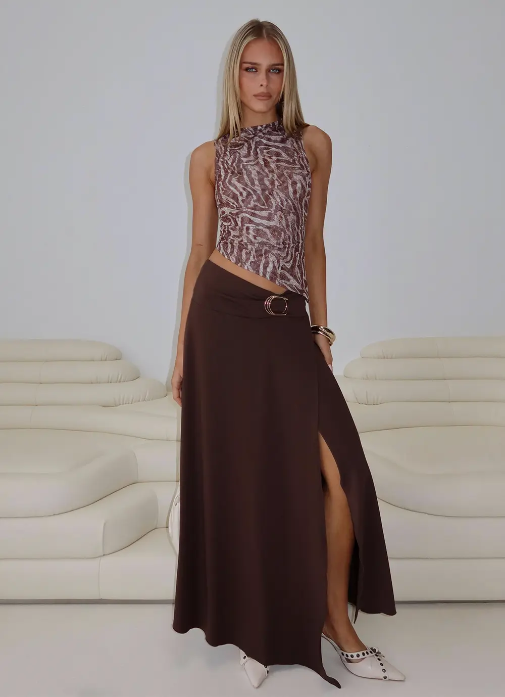 Nola Hardware Slit Maxi Skirt Brown