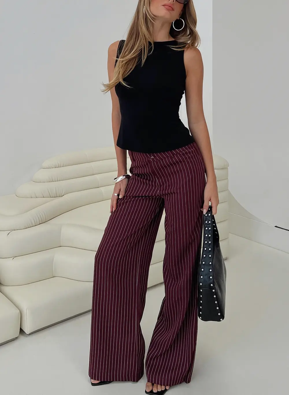 Lorenne Mid Rise Pant Burgundy Pinstripe