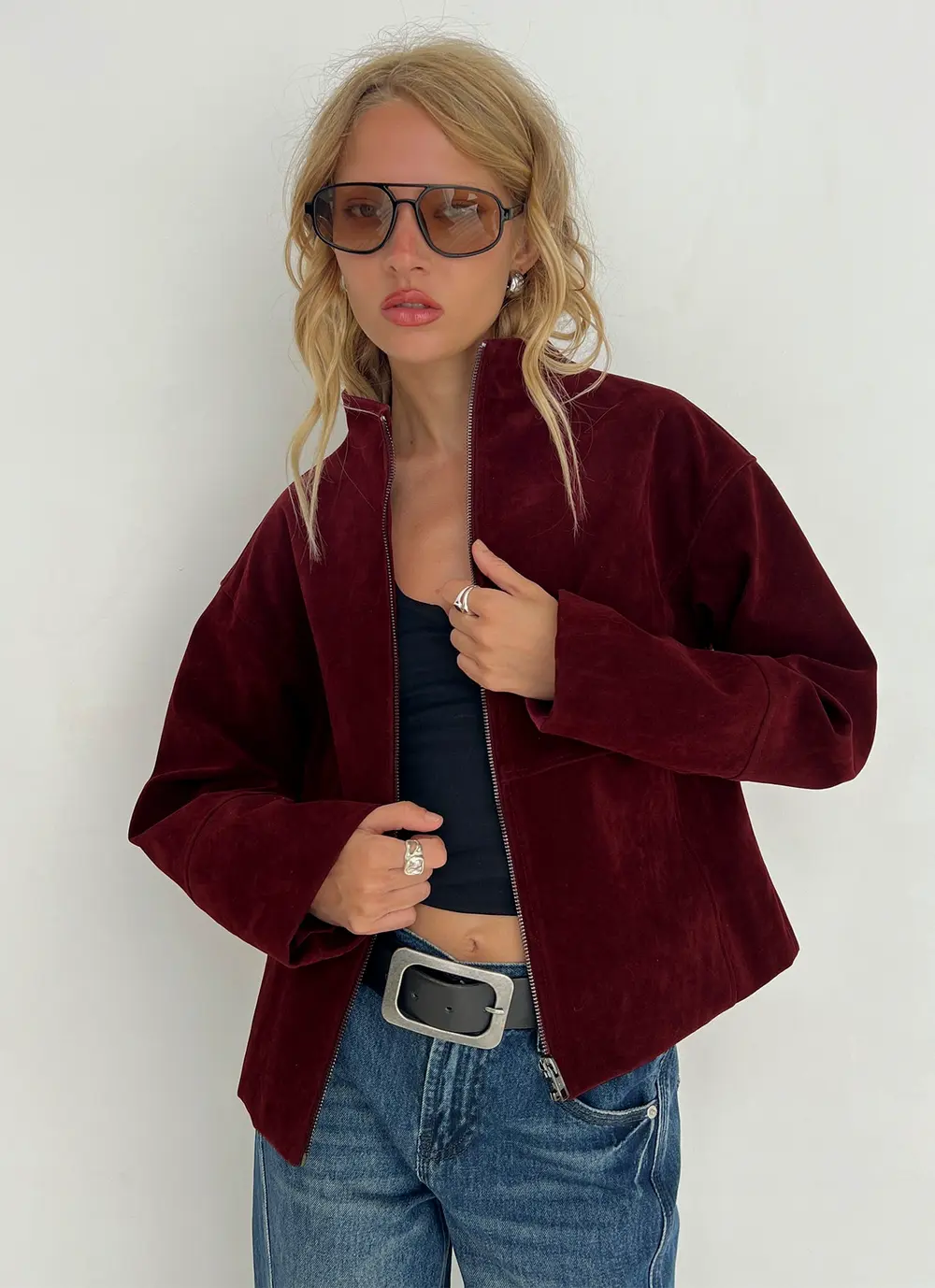 Jessalynn Faux Suede Zip Through Jacket Burgundy