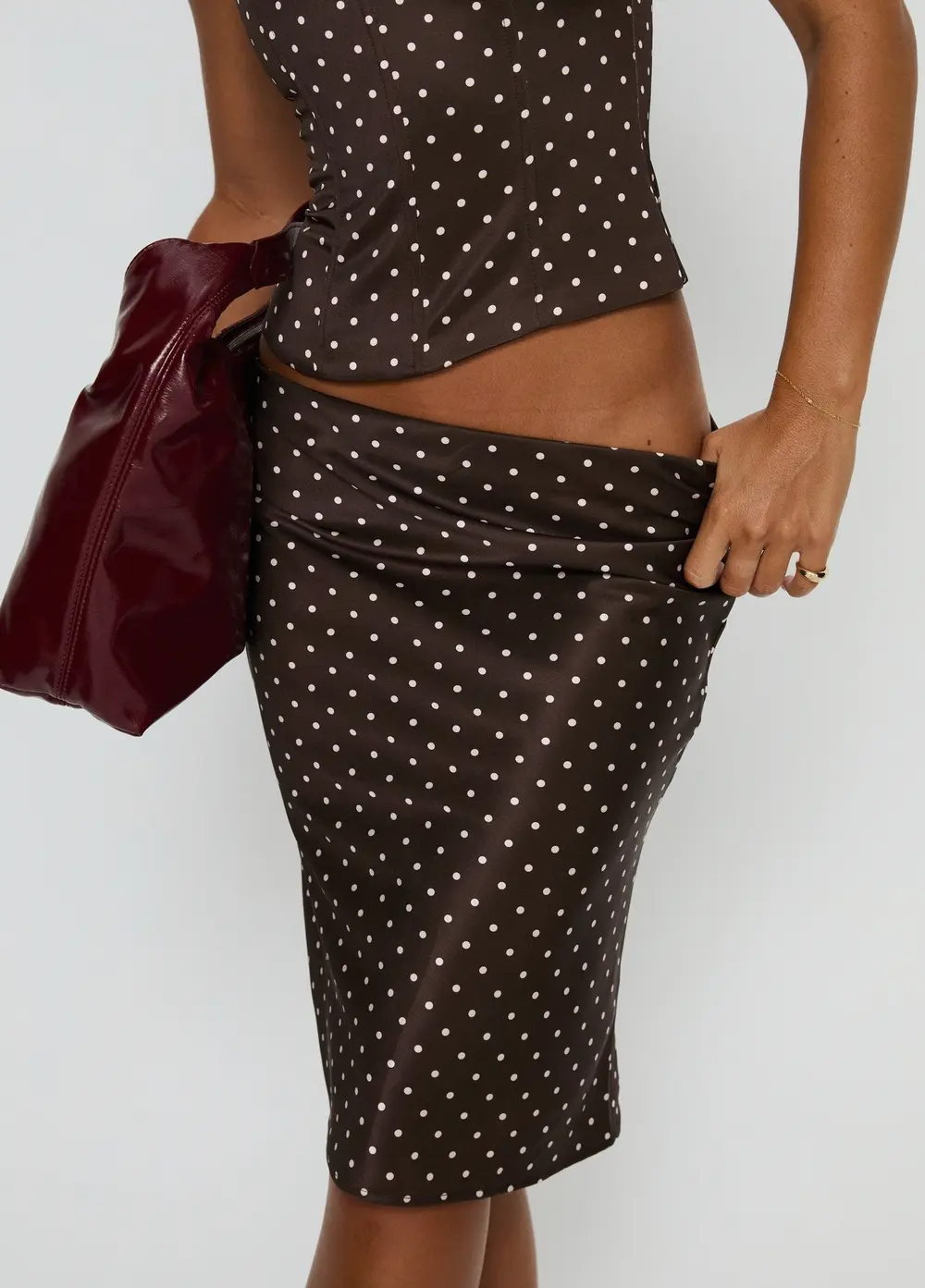 Somani Satin Midi Skirt Brown / Pink Polka Dot
