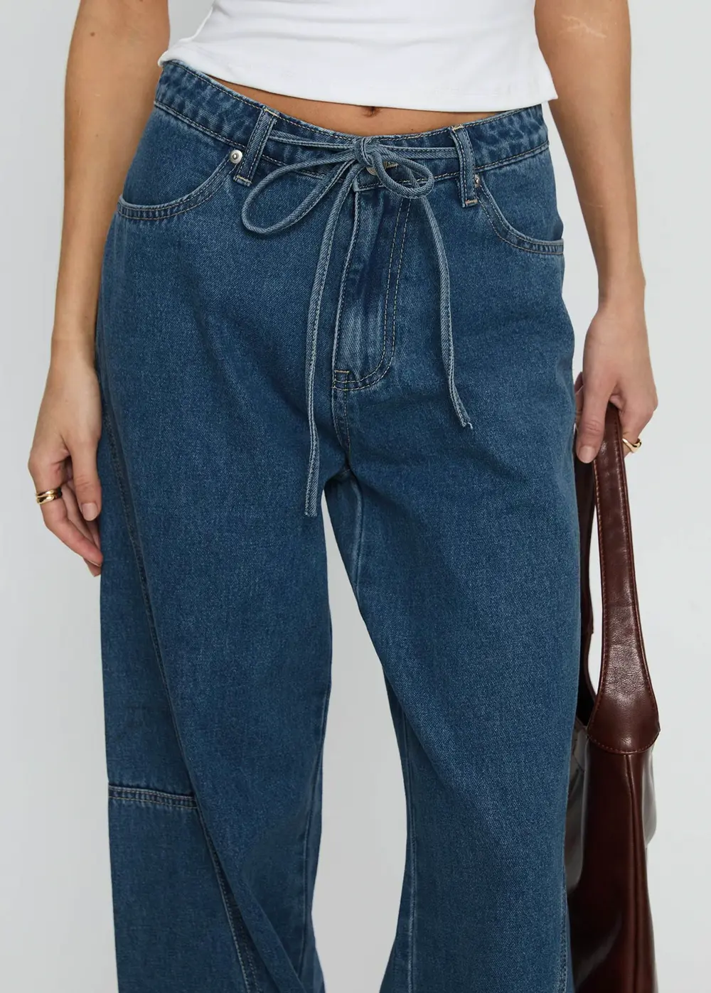 Bruiser Tie Waist Mid Rise Wide Leg Jeans Mid Blue Wash