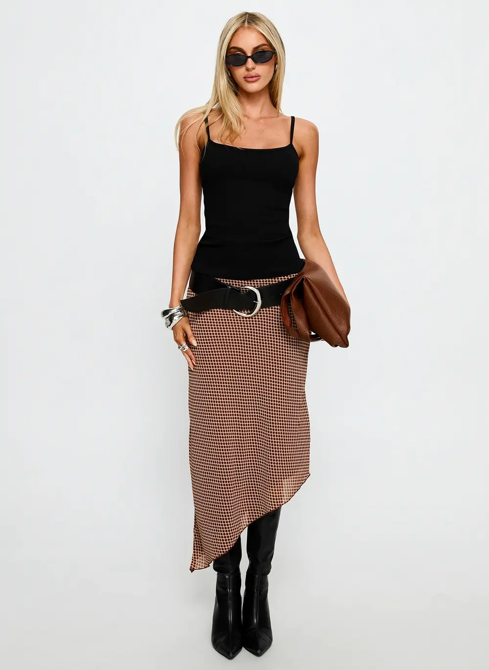 Suella Asymmetrical Midi Skirt Brown Polka Dot