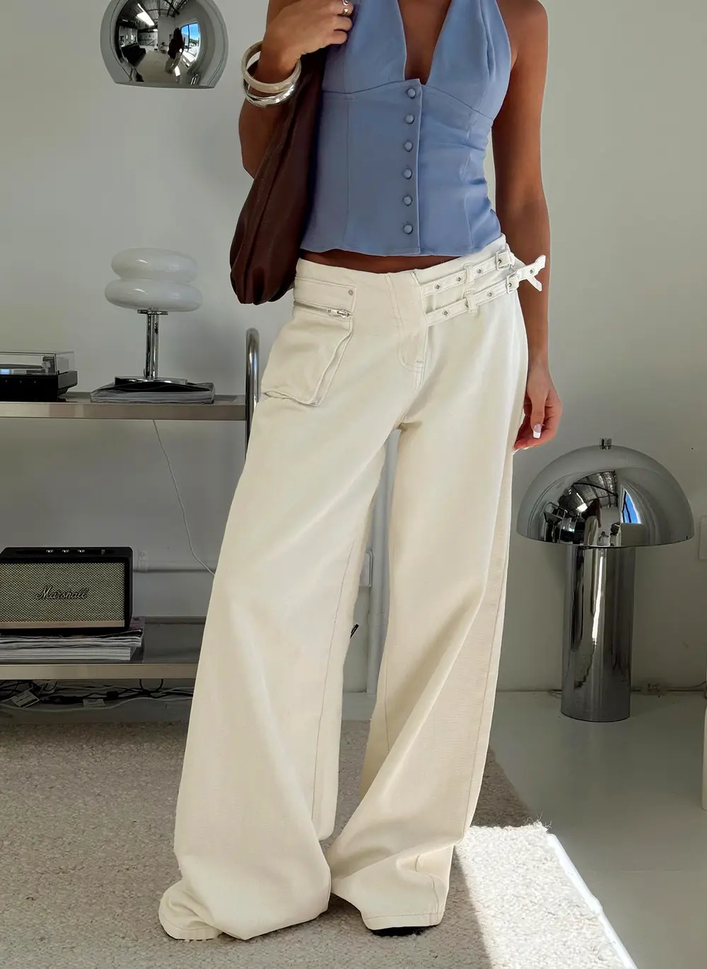 Paltrow Mid Rise Wide Leg Cargo Jeans Cream Petite