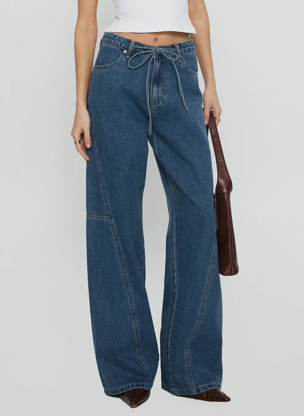 Bruiser Tie Waist Mid Rise Wide Leg Jeans Mid Blue Wash
