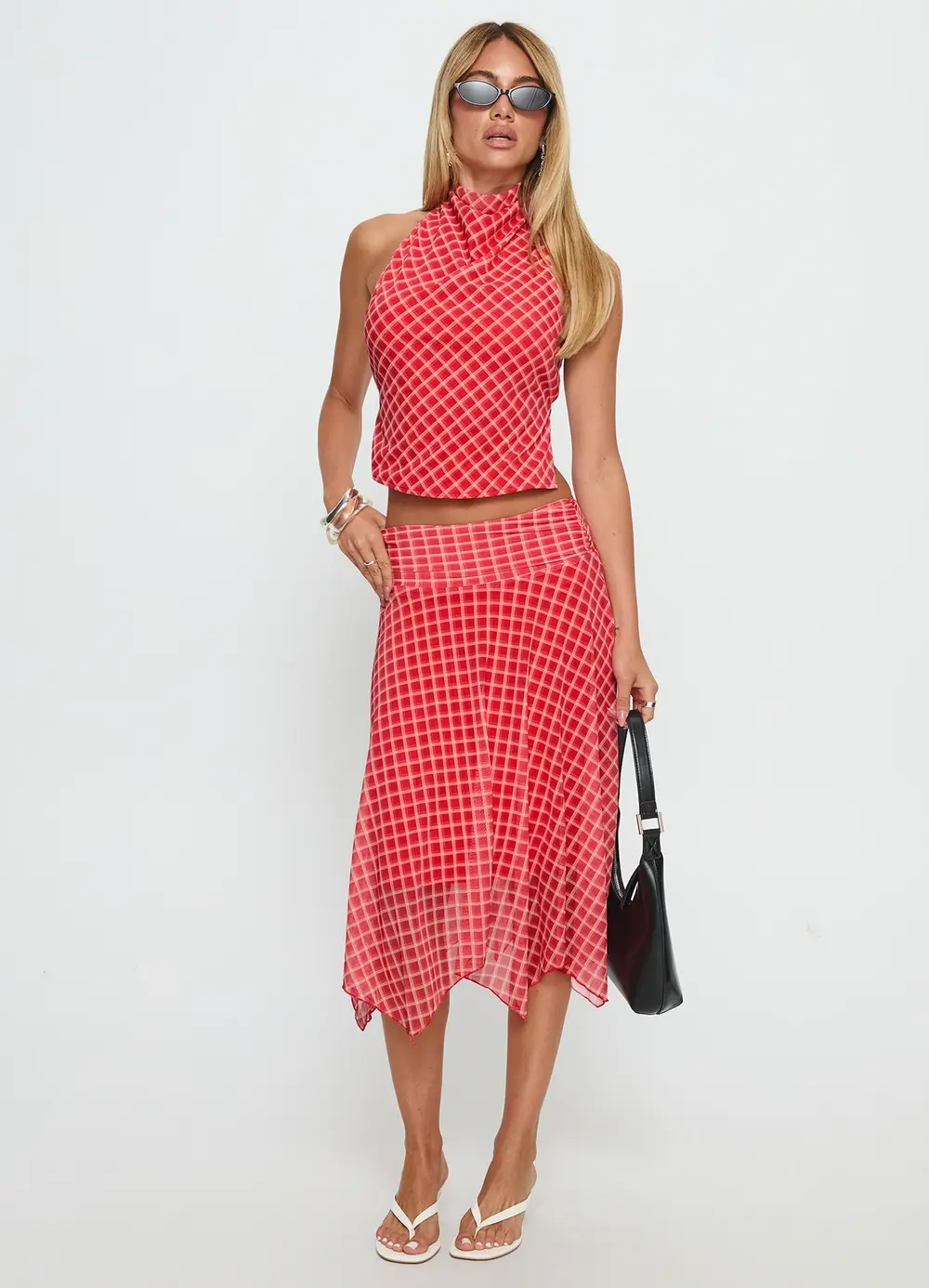 Scenic Route Asymmetrical Midi Skirt Red Check
