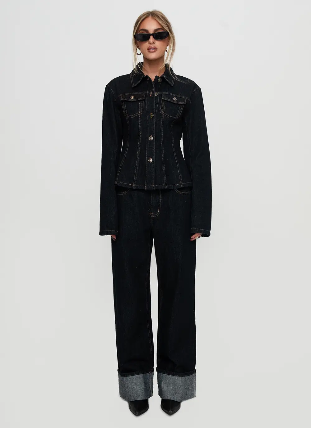 Top Model Low Rise Straight Leg Cuffed Jean Dark Denim