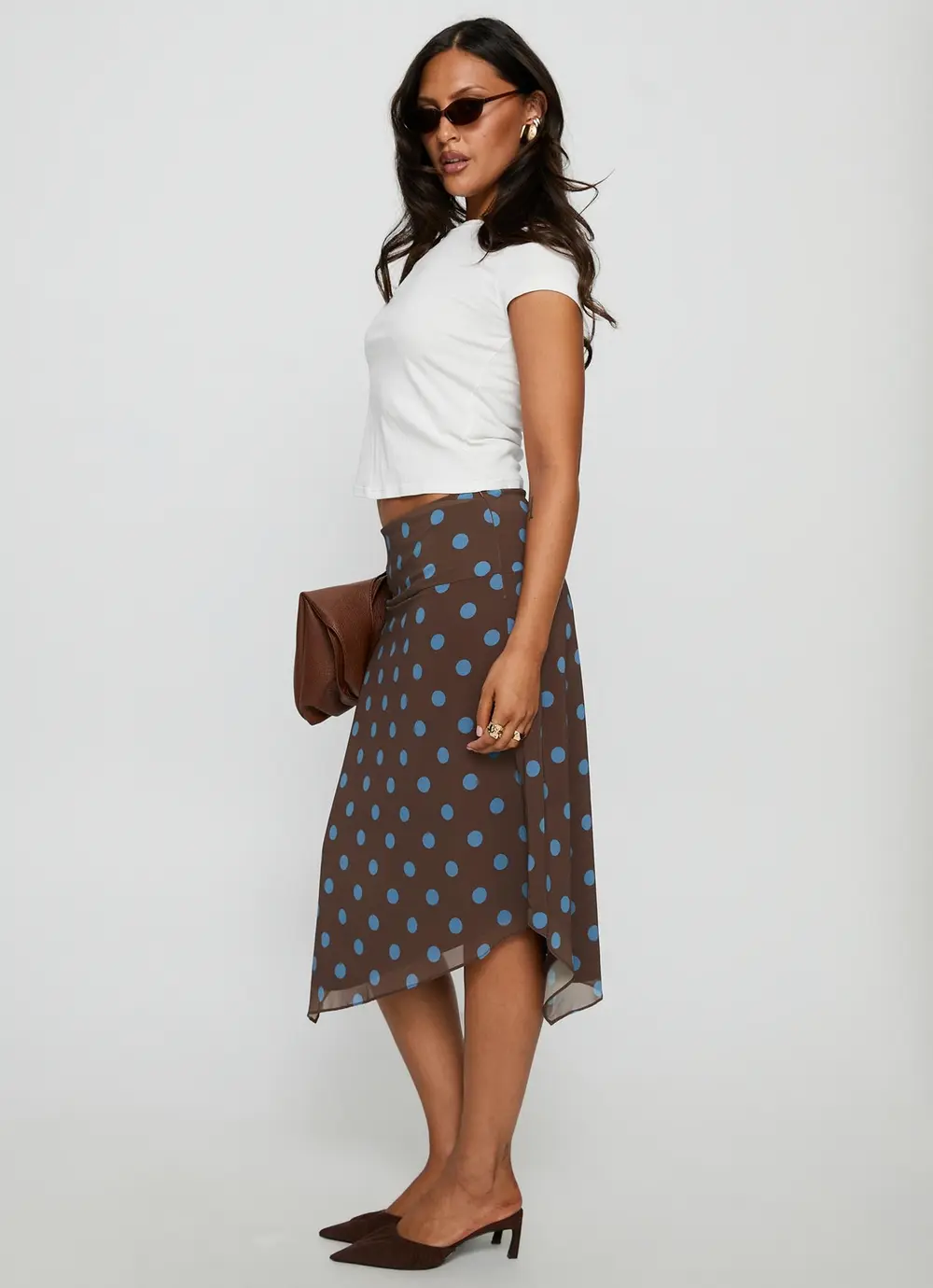 Daphene Asymmetrical Midi Skirt Brown / Blue Polka Dot