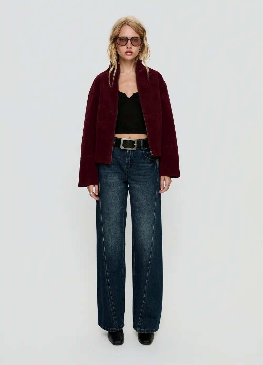 Jessalynn Faux Suede Zip Through Jacket Burgundy