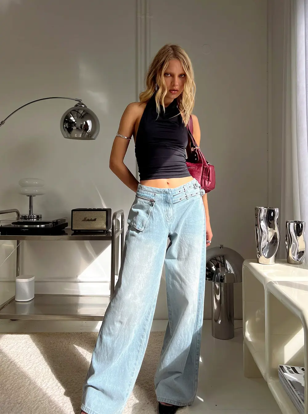 Paltrow Mid Rise Wide Leg Cargo Jeans Faded Blue Wash