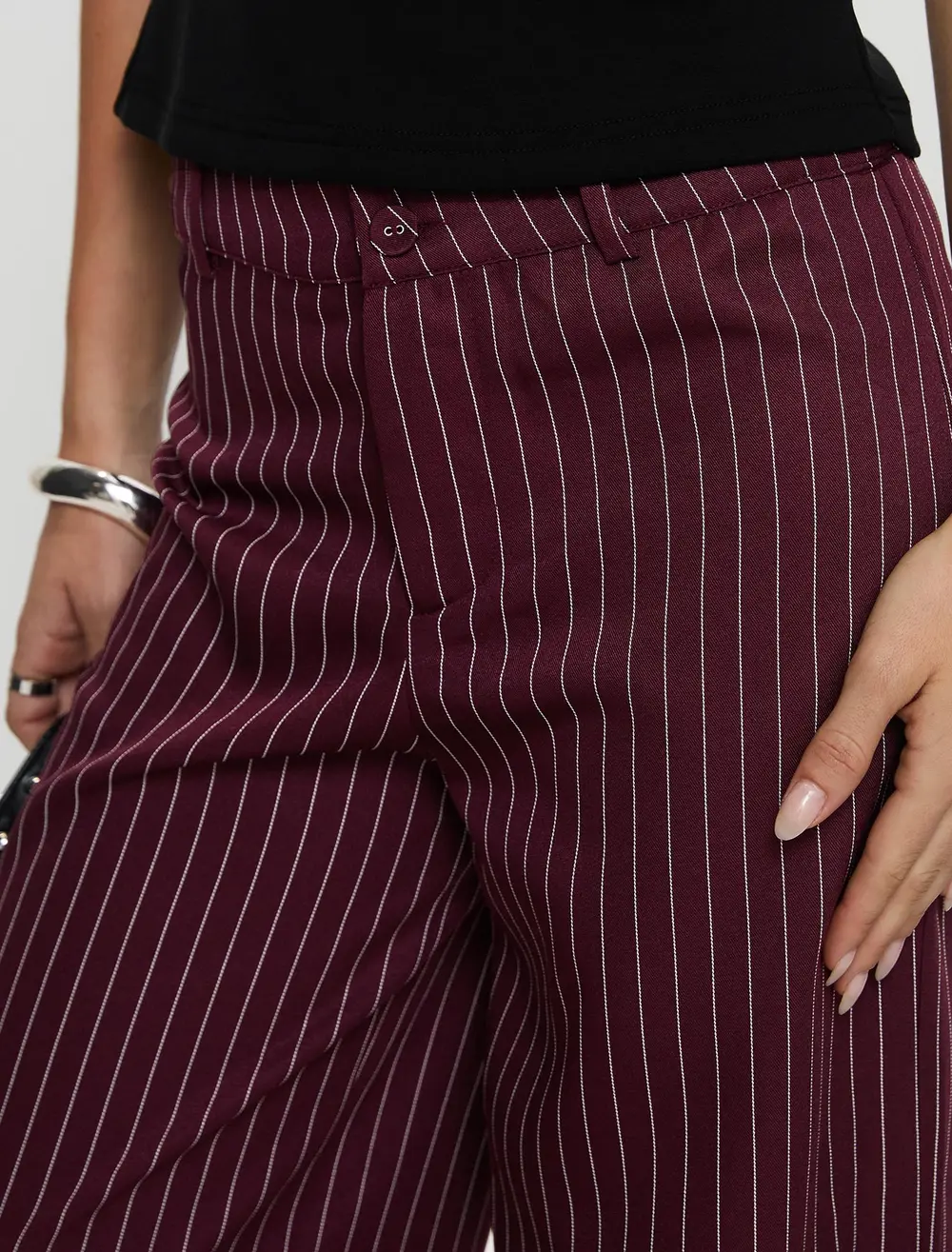 Lorenne Mid Rise Pant Burgundy Pinstripe