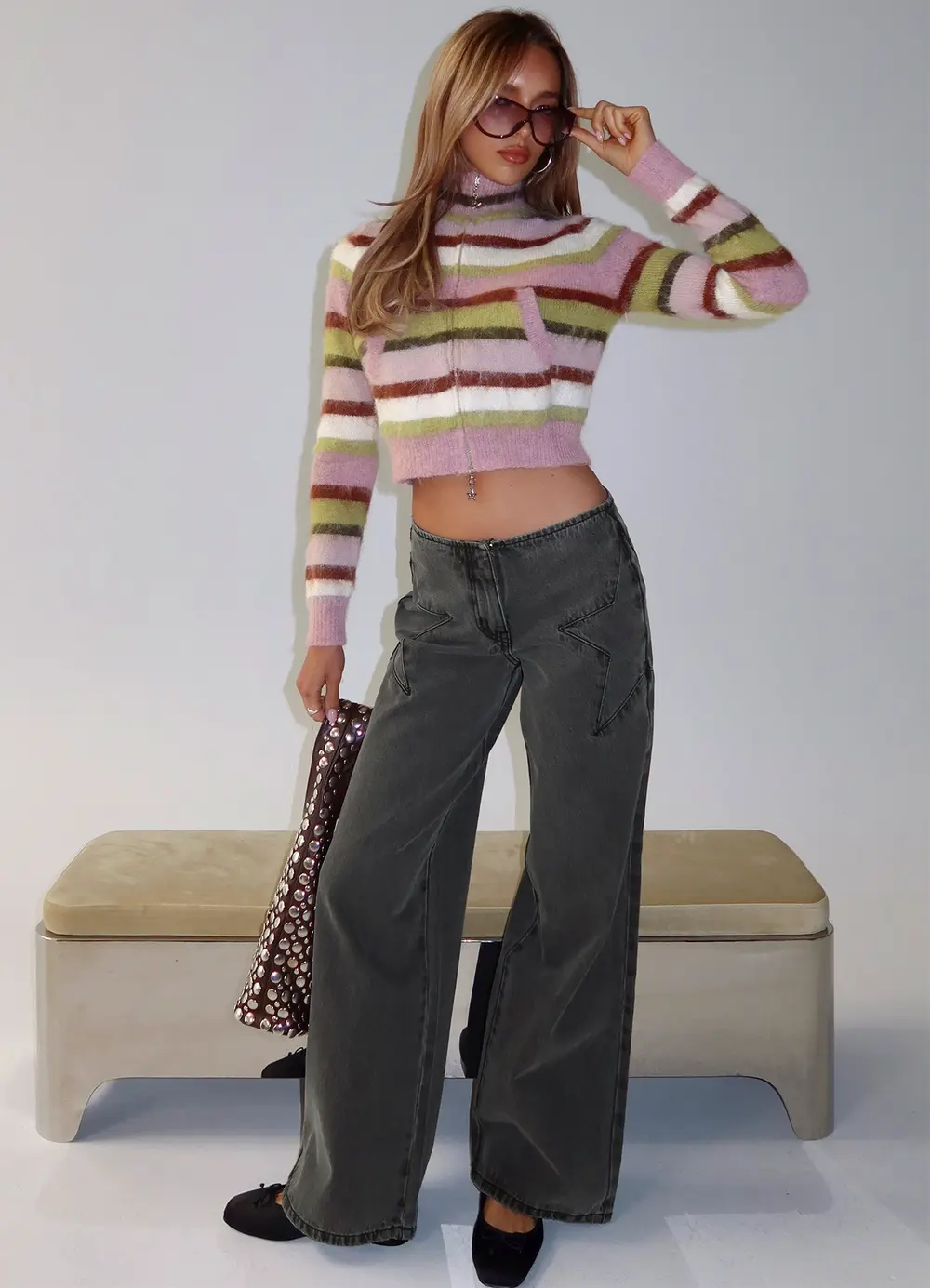 Dolley Star Stitch Mid Rise Wide Leg Jean Grey Wash