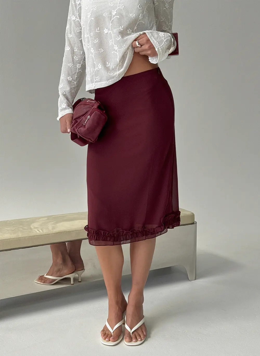 Rosette Frill Midi Skirt Currant