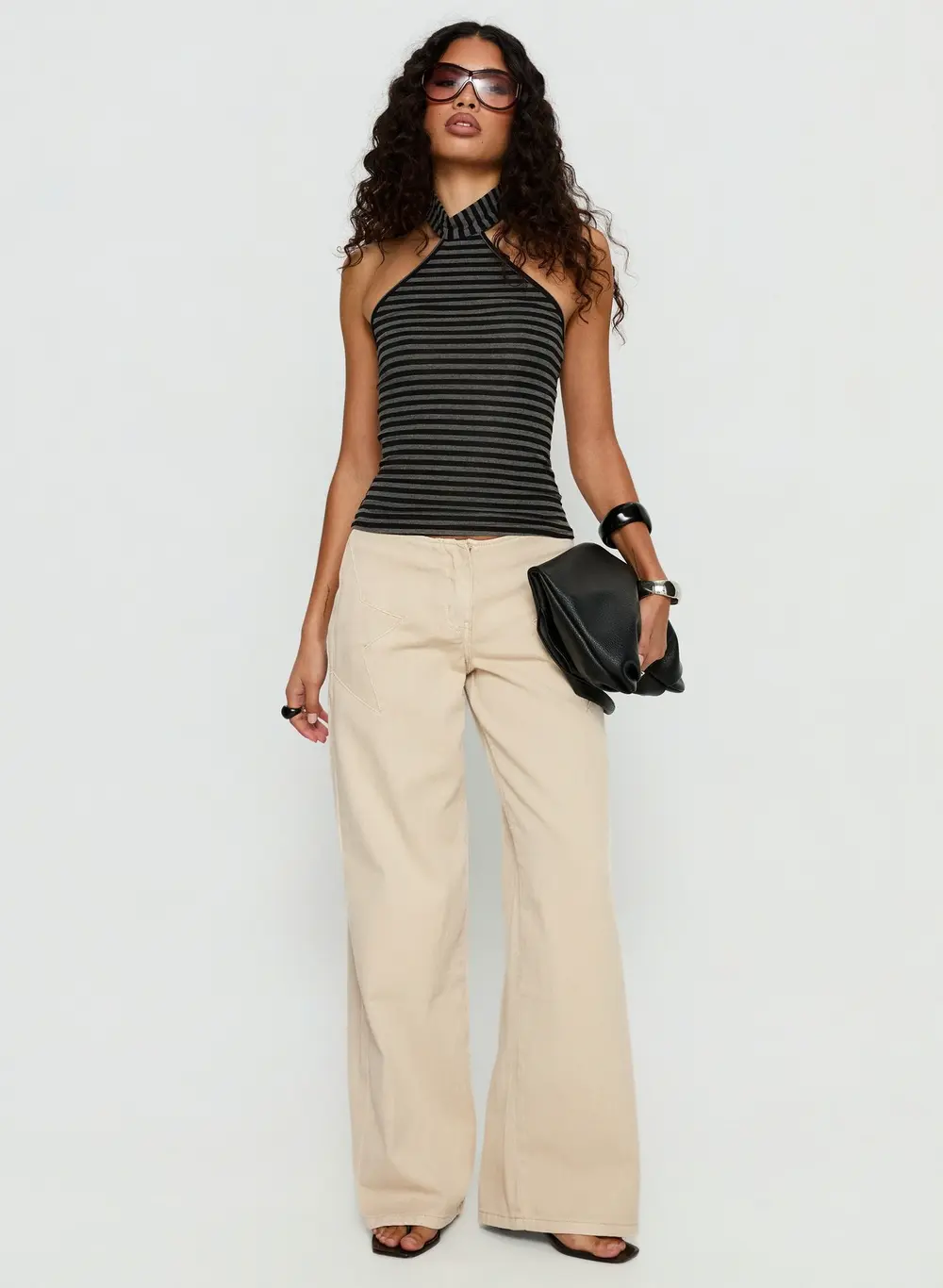 Dolley Star Stitch Mid Rise Wide Leg Jean Ecru