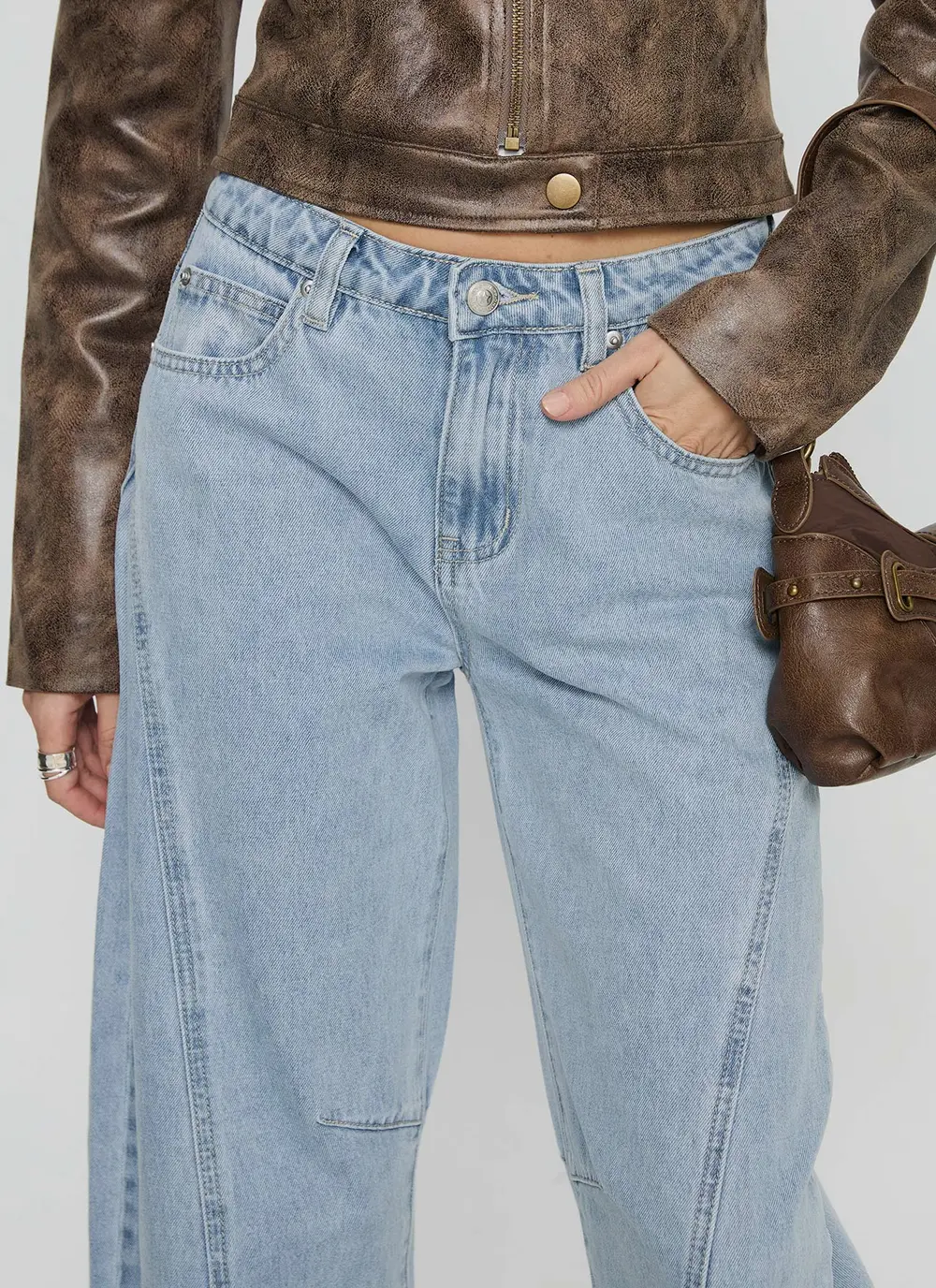 Lost Track Mid Rise Barrel Leg Jeans Ice Wash