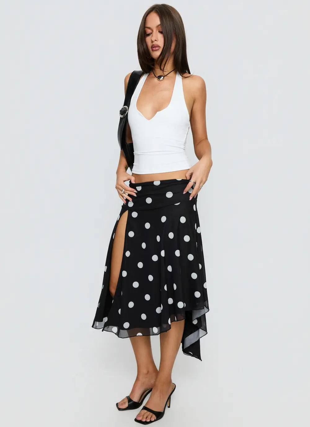 Dulciana High Split Asymmetrical Midi Skirt Black / Polka Dot