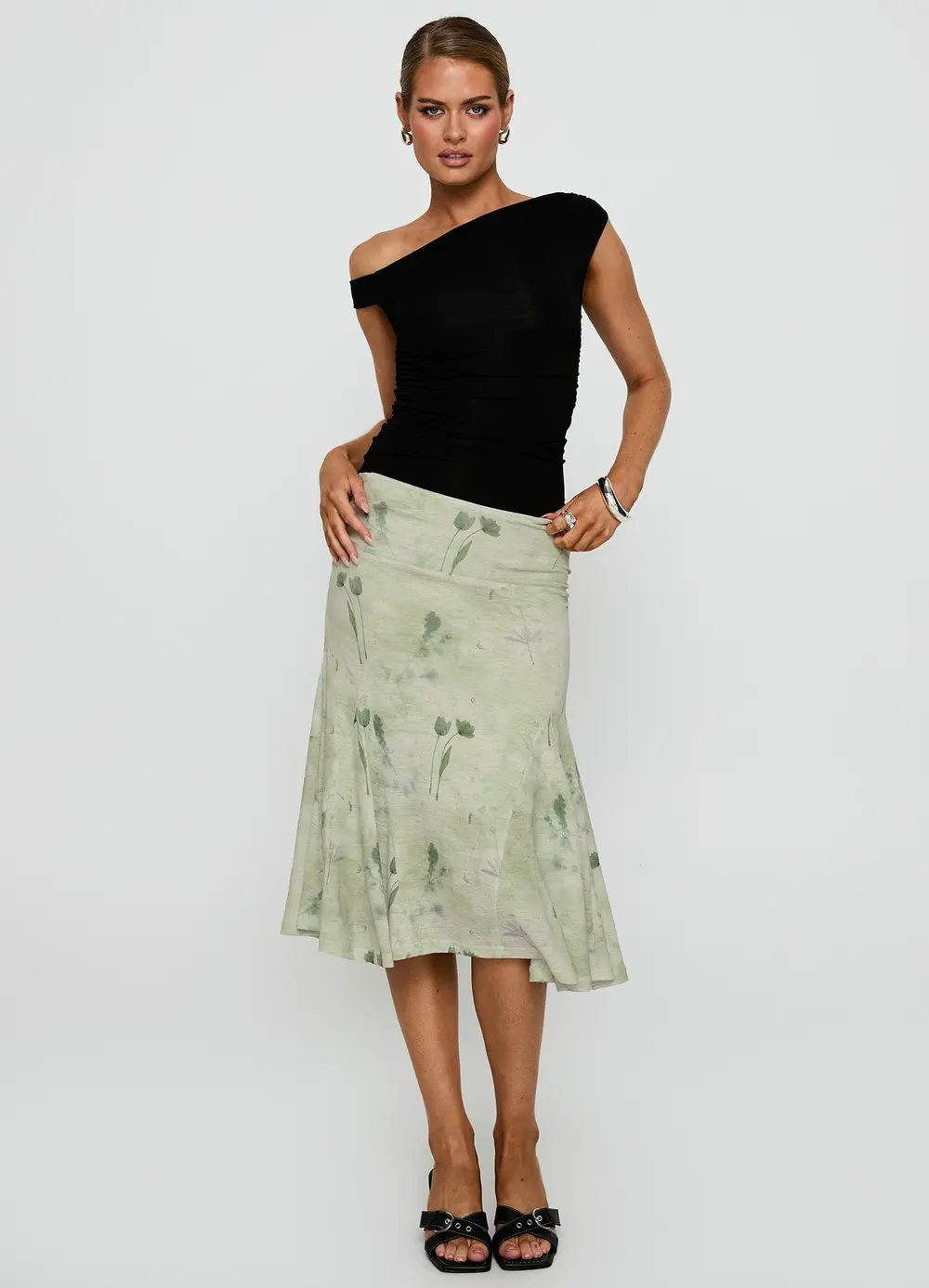 Lewish Low Rise Midi Skirt Green Floral