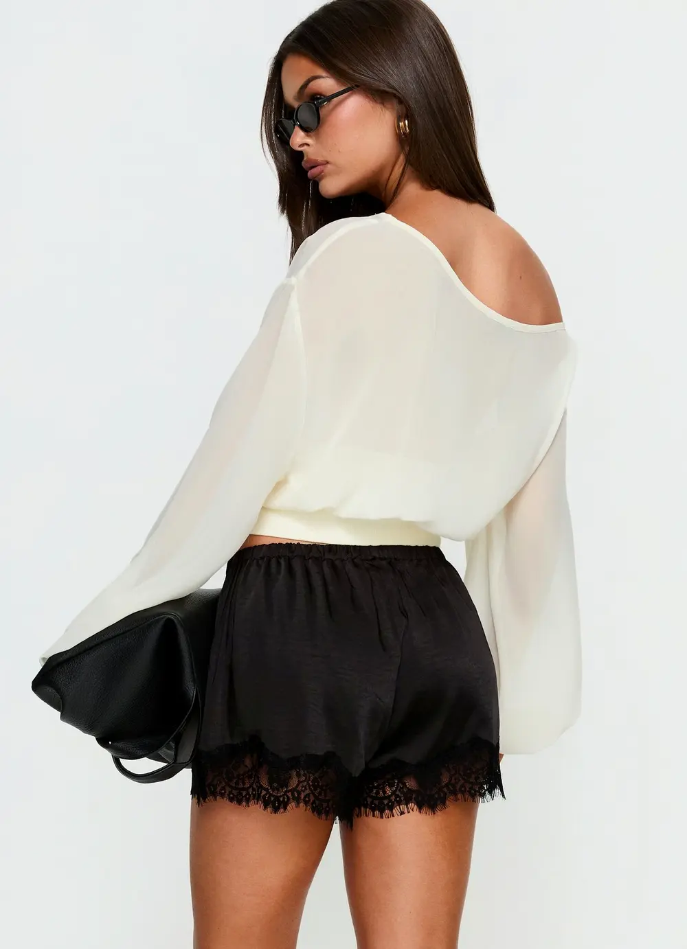 Parisse Satin Lace Trim Shorts Black