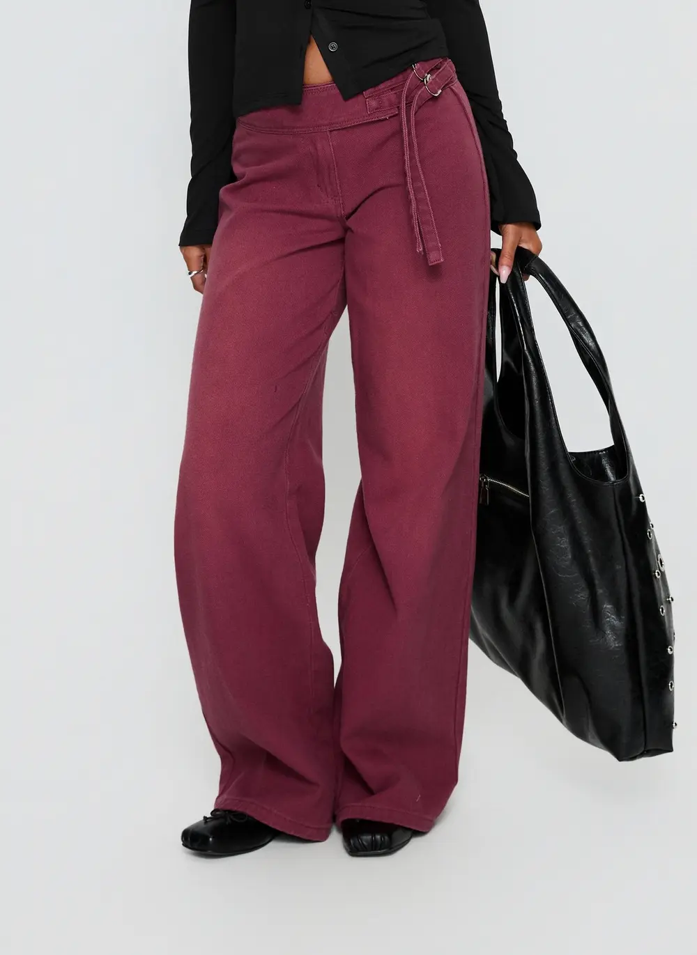 Boxie Mid Rise Wide Leg Jeans Washed Burgundy