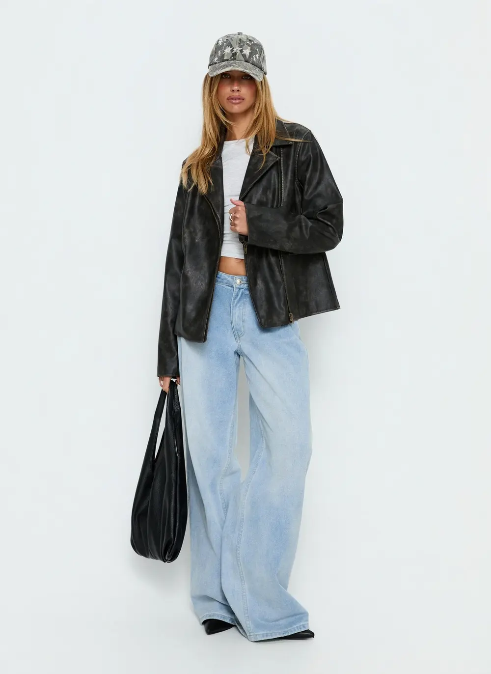 Vyolette Faux Leather Collared Jacket Washed Black