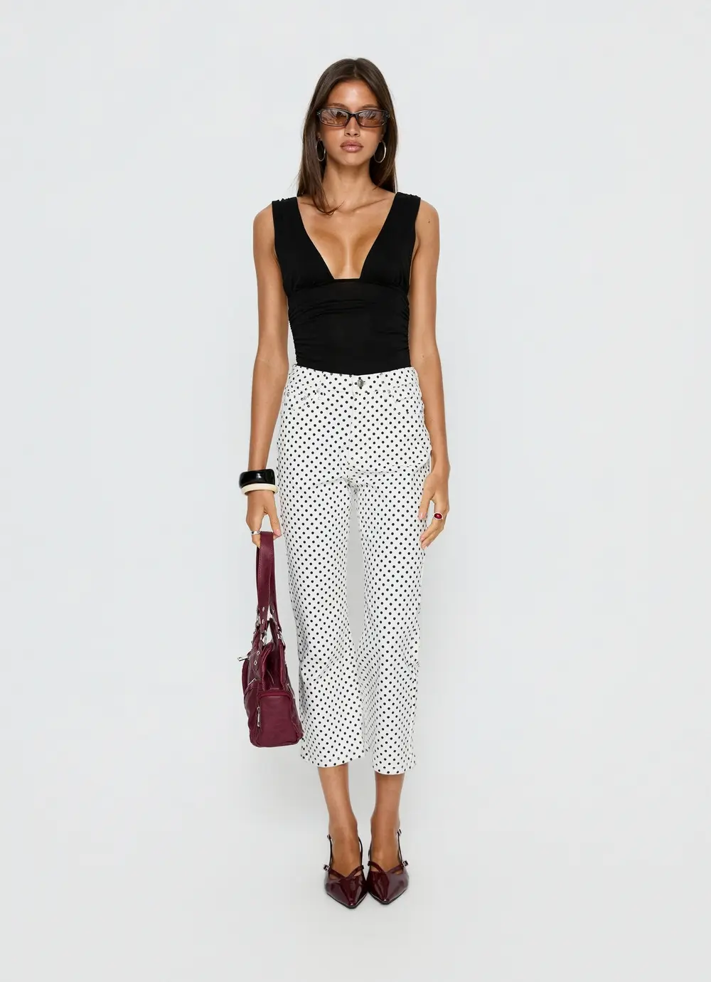 Cindee High Rise Cropped Jeans White Polka Dot