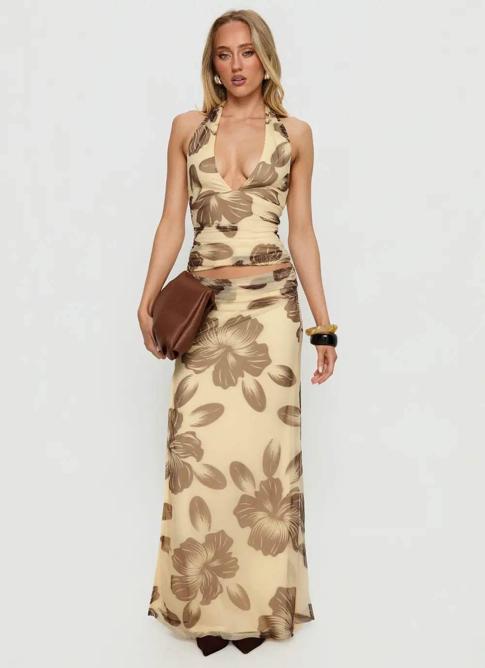 Roselin Mesh Maxi Skirt Brown Floral