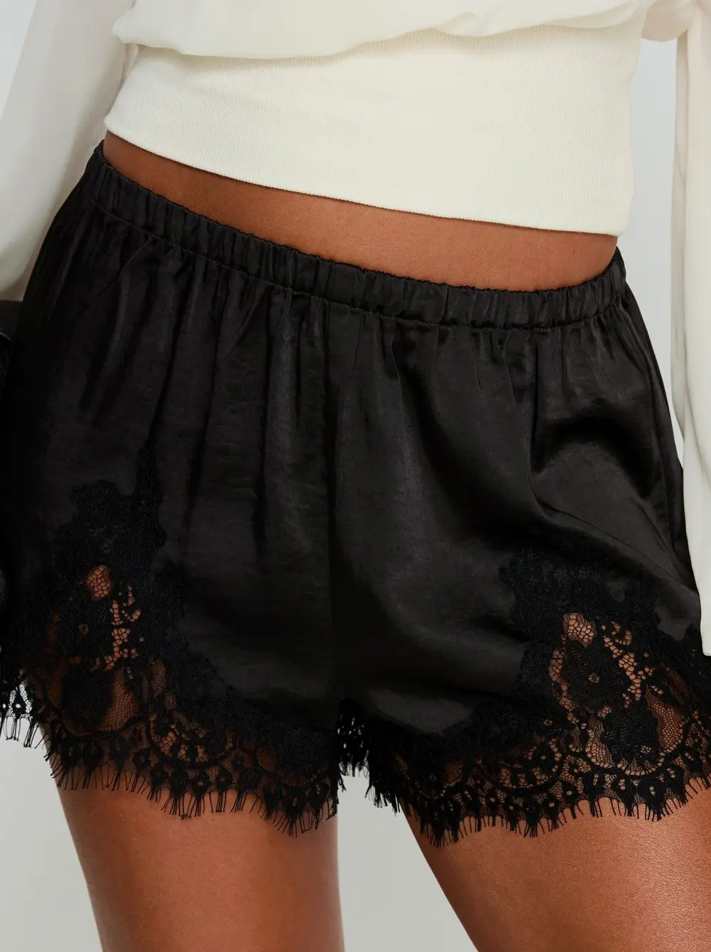 Parisse Satin Lace Trim Shorts Black