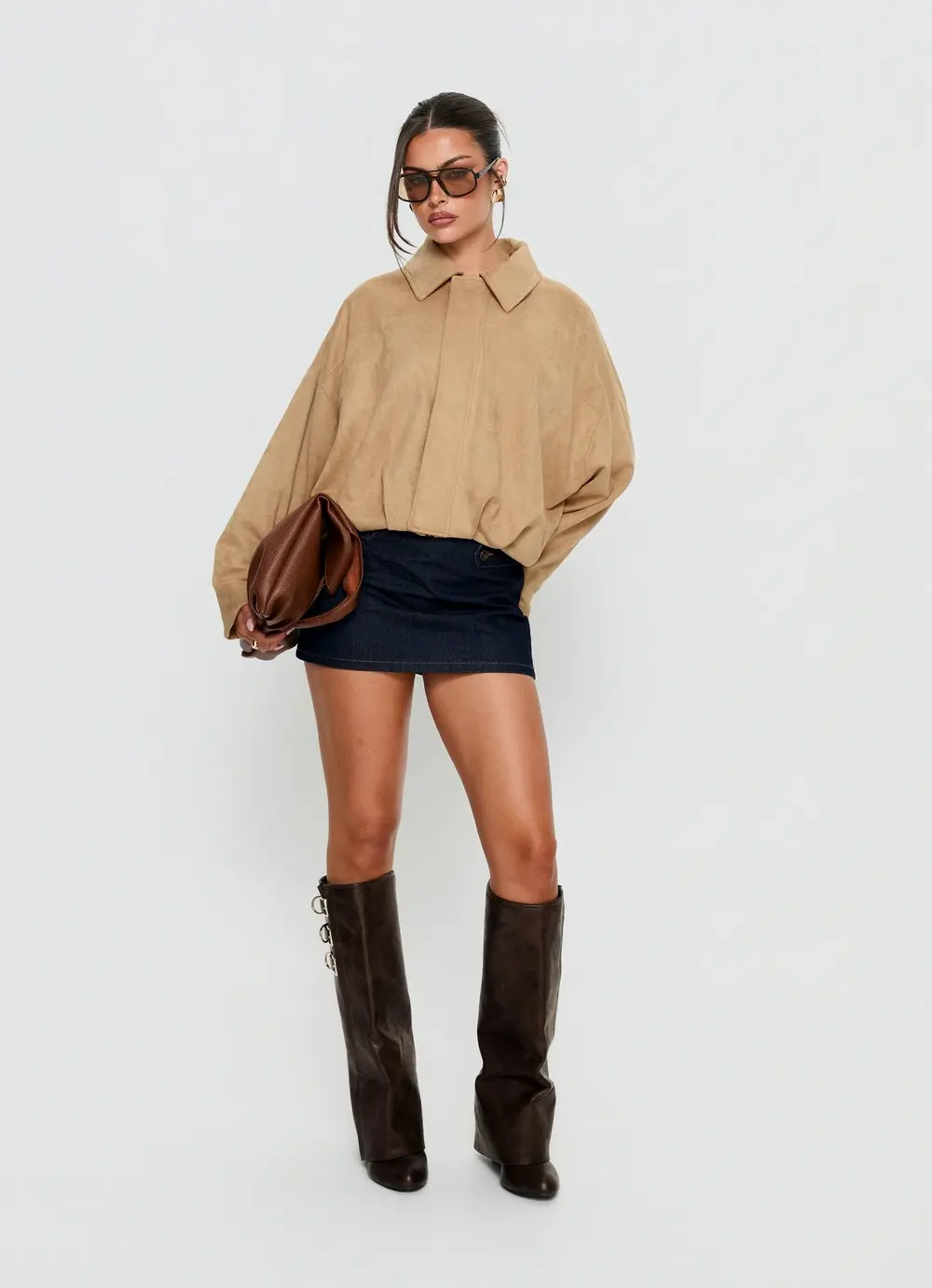 Enlightened Faux Suede Bomber Jacket Beige