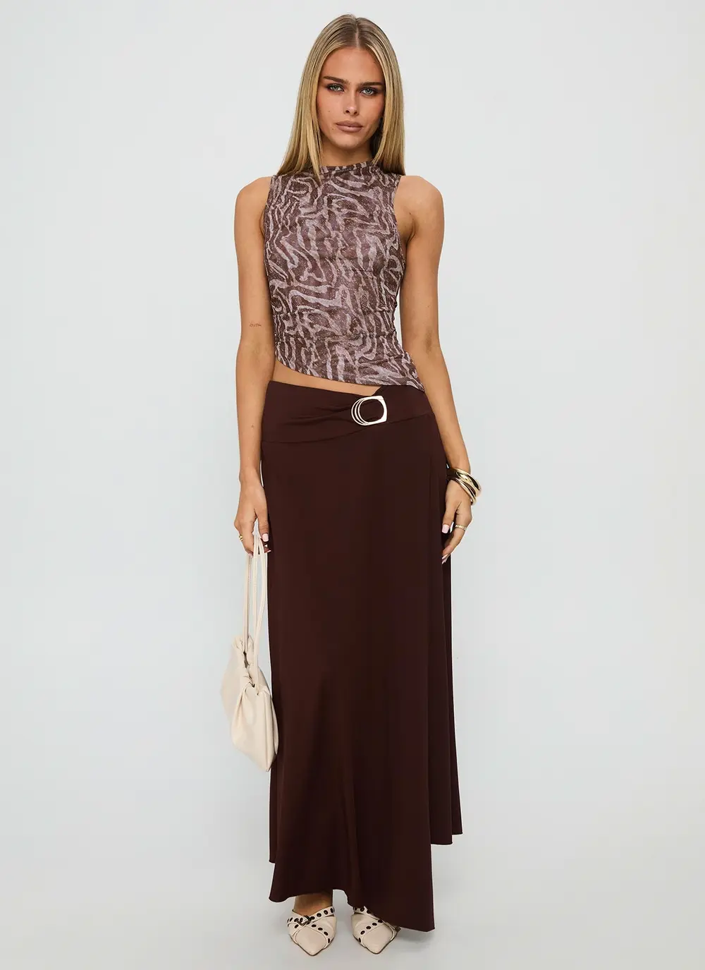 Nola Hardware Slit Maxi Skirt Brown
