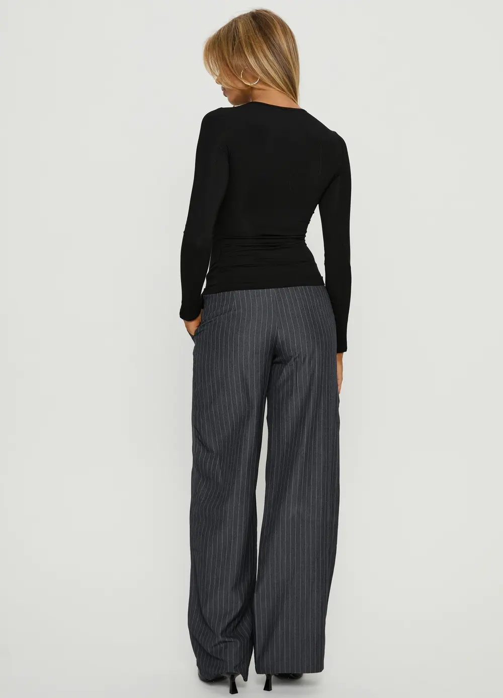 Khane Low Rise Wide Leg Pant Charcoal Pinstripe