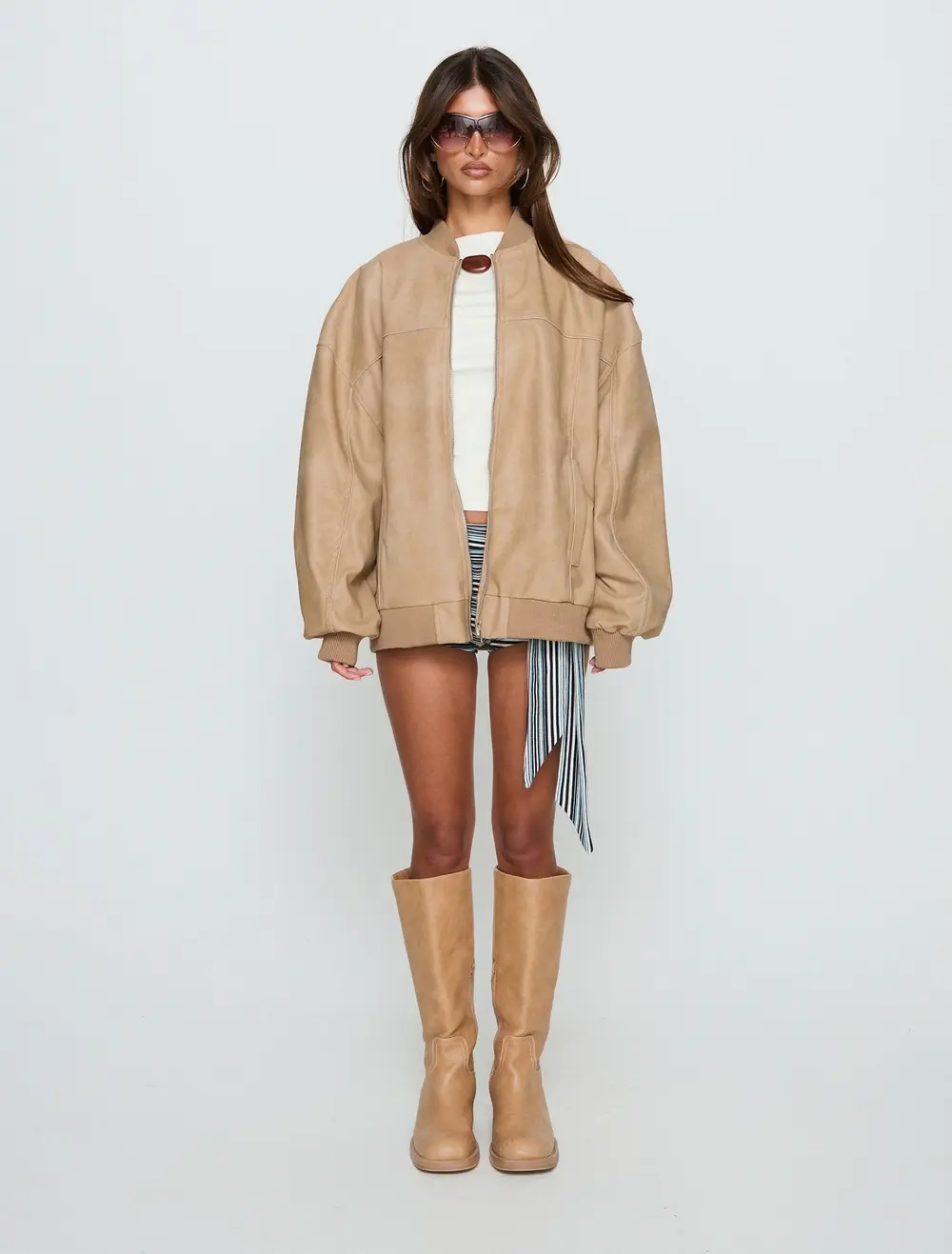 Believe It Faux Leather Bomber Jacket Washed Stone