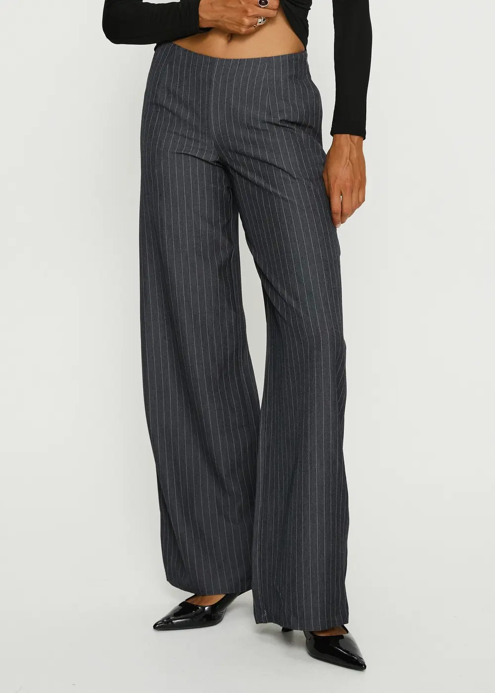 Khane Low Rise Wide Leg Pant Charcoal Pinstripe