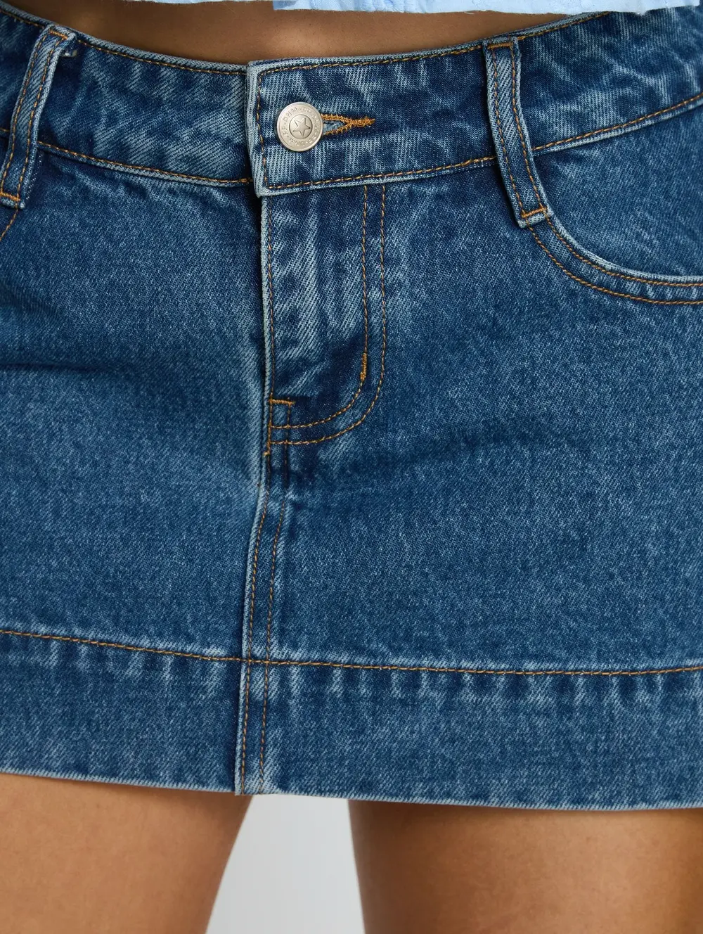 Warna Low Rise Denim Mini Skirt Mid Blue Wash