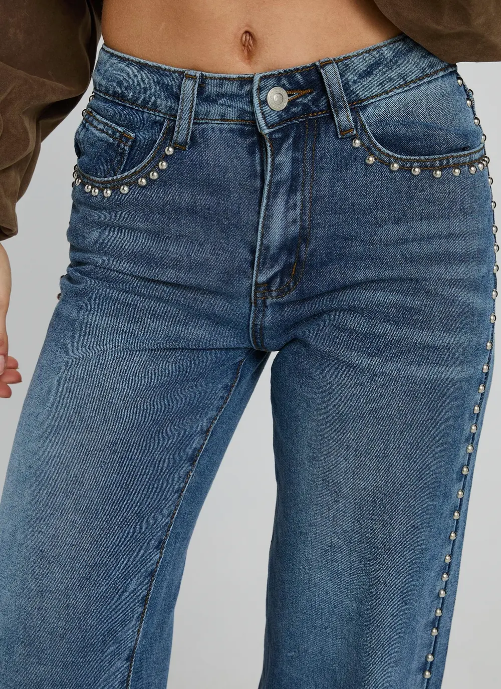 Saving Up Mid Rise Straight Leg Studded Jeans Mid Blue